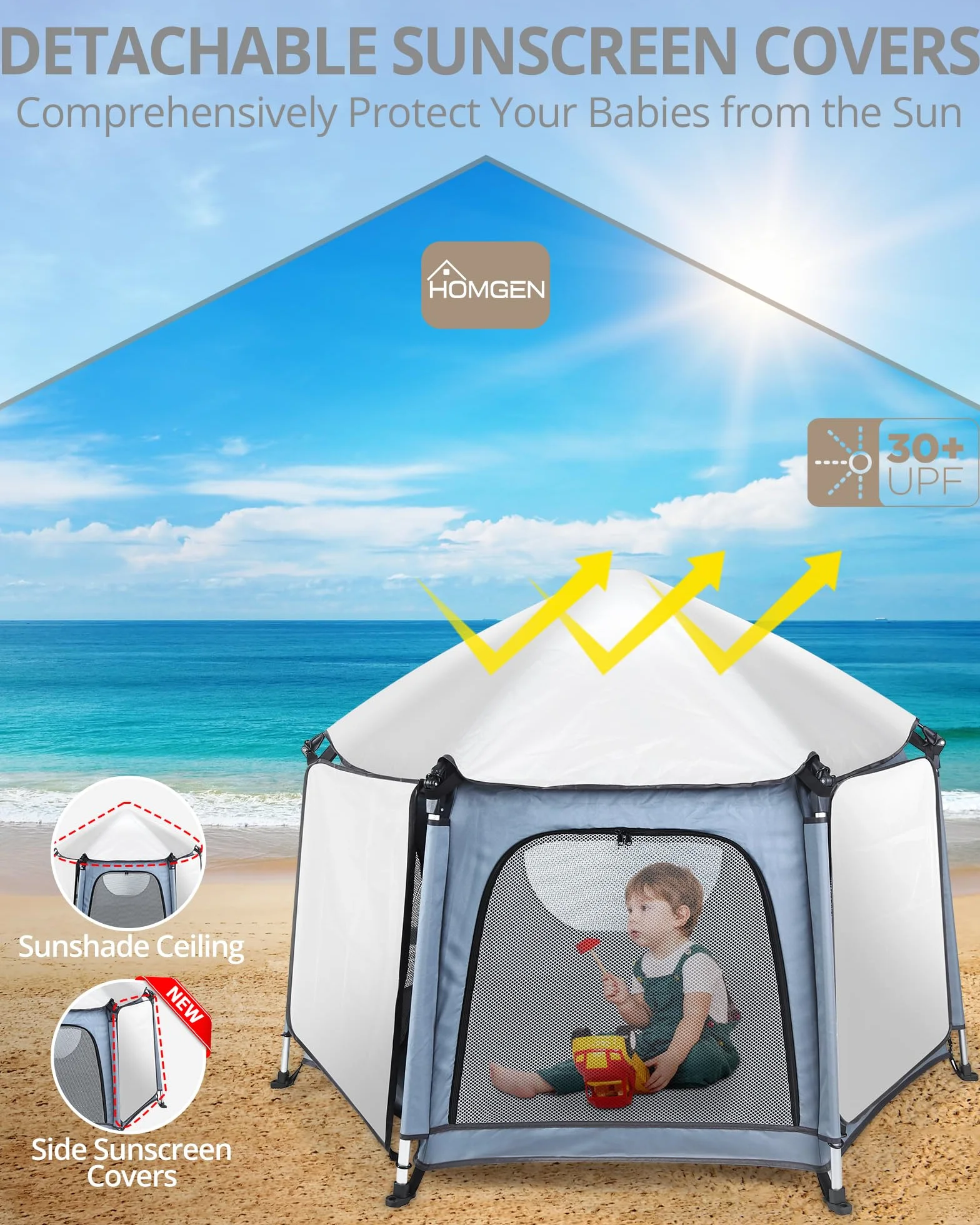 HOMGEN Parc de jeu pliable 144 x 103 cm avec 3 housses UV amovibles en tissu Oxford 450D pour bébé
