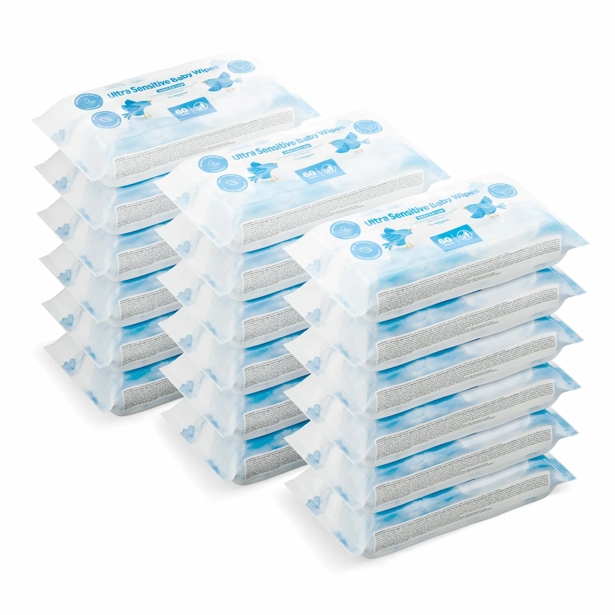 Lingettes bébé ultra-douces non parfumées, lot de 1080 lingettes, 18 paquets de 60