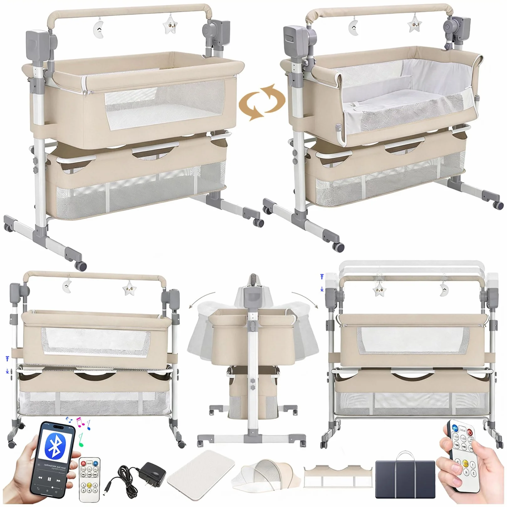 Lit Cododo Bébé Électrique Bluetooth Intelligent Convertible avec Télécommande, Musique et Balancement 5 Vitesses, Pliable avec Matelas (601 Beige)