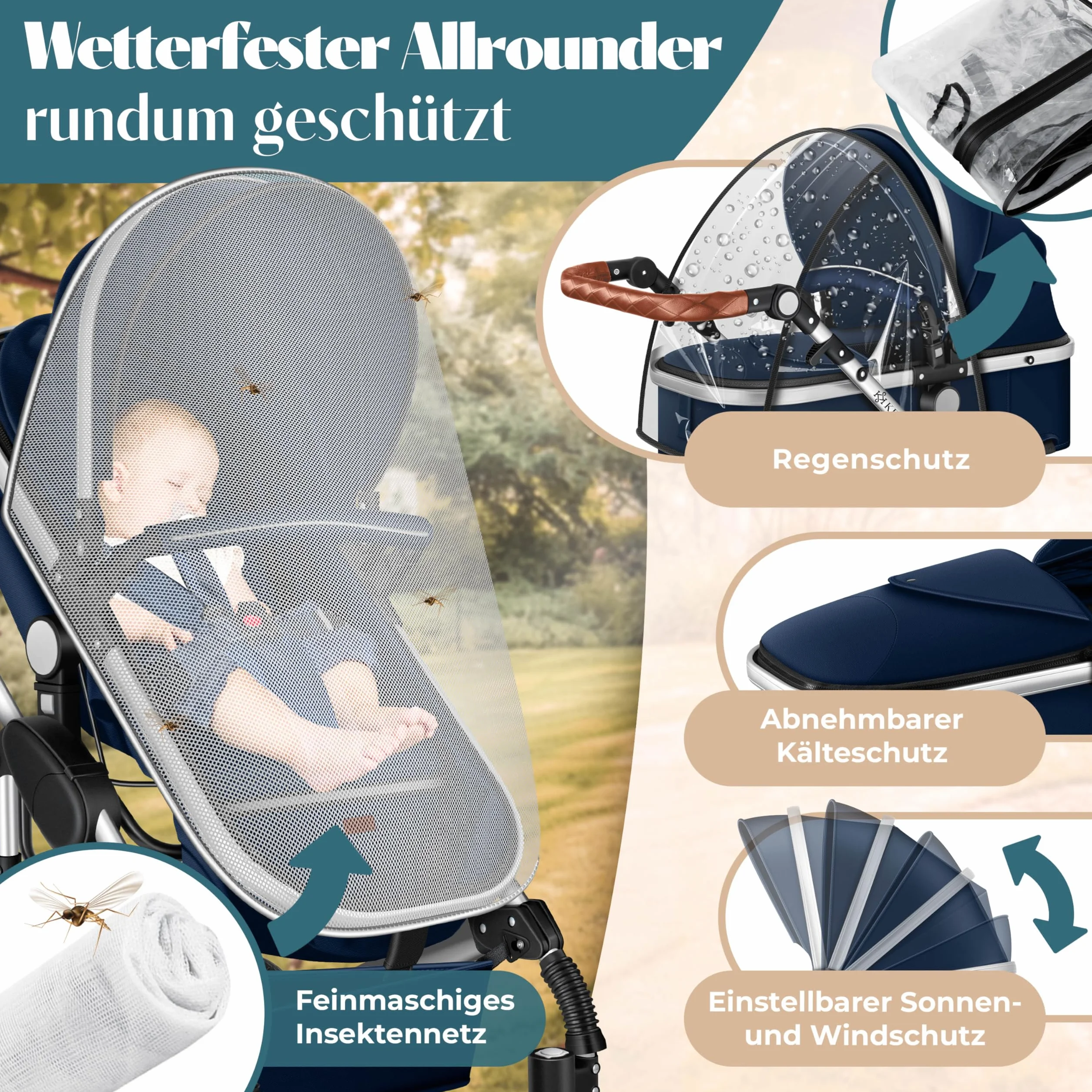 KESSER Ensemble poussette combinée 4 en 1 nacelle siège pneus caoutchouc plein ECE R129 Bleu Argent
