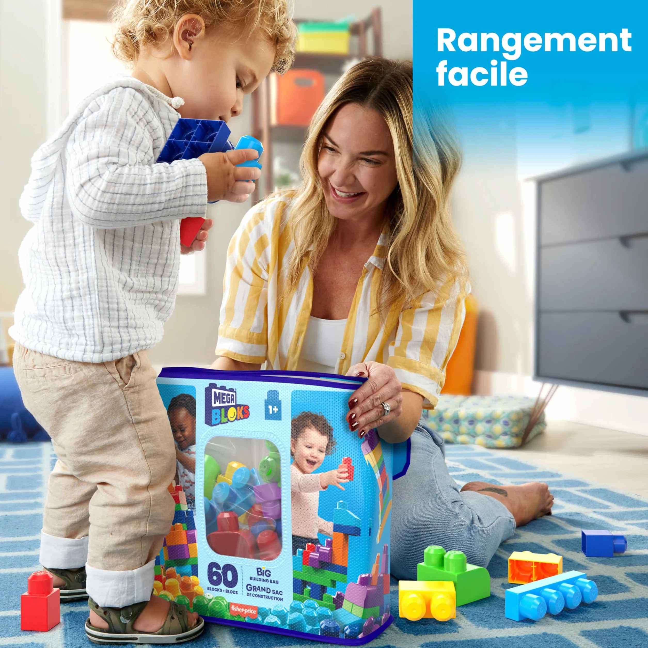 MEGA Bloks Grand Sac De Construction Bleu 60 Blocs Empilables Jouet Enfant 1+ Ans DCH55