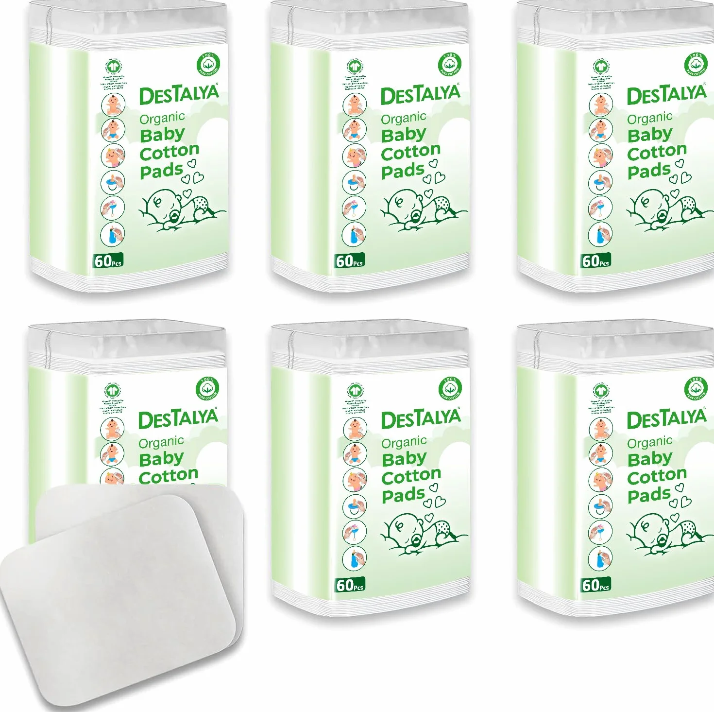 DESTALYA Lingettes Jetables Coton Bébé Peaux Sensibles Cotons Bio 360