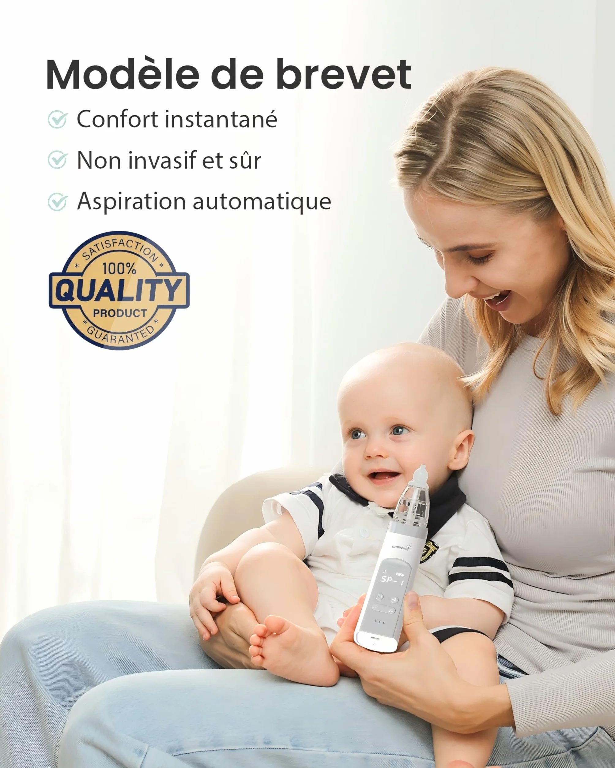 GROWNSY Aspirateur Nasal Bébé Électrique, Forte Aspiration, 3 Niveaux, Rechargeable USB, pour Nouveau-nés
