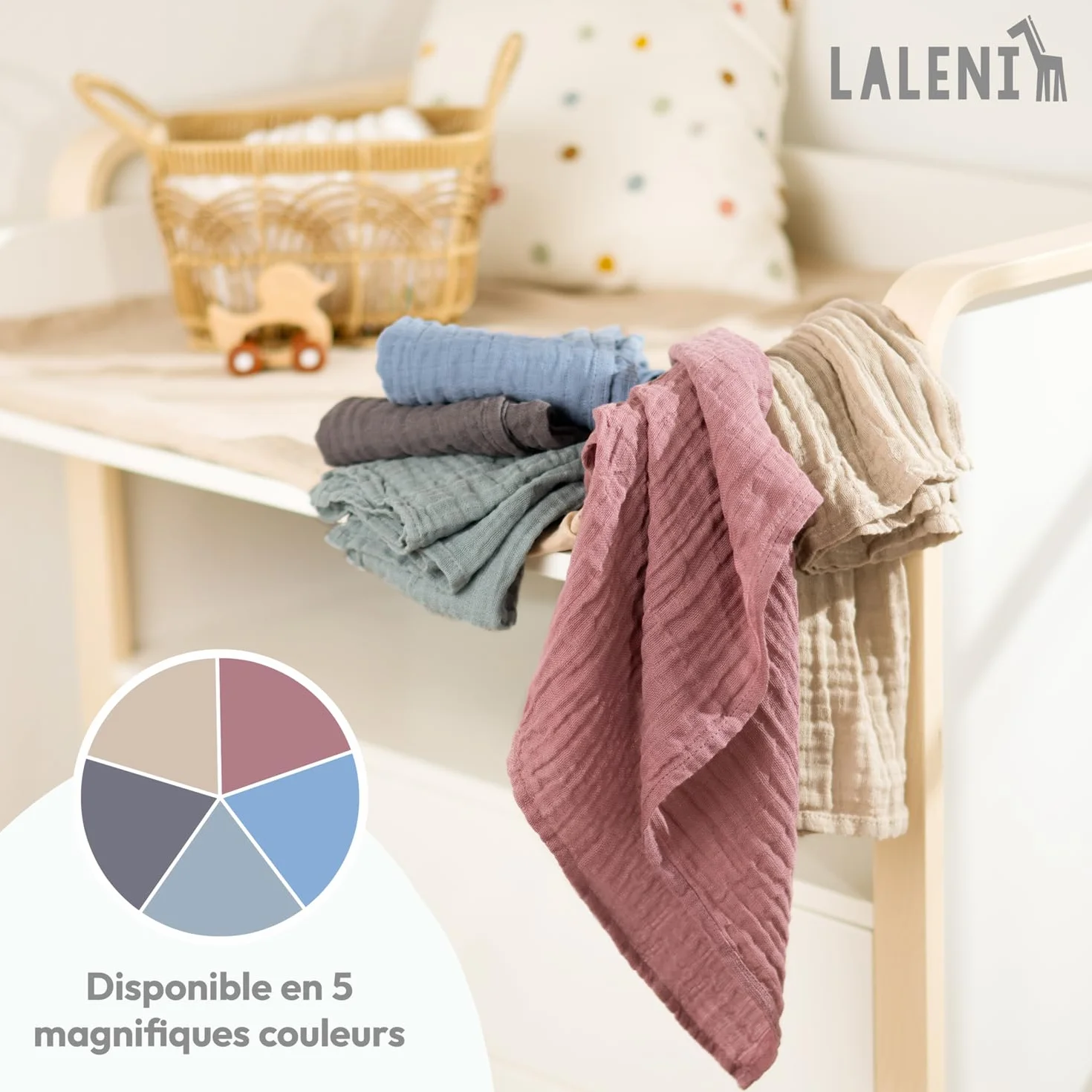 Laleni Lot de 5 langes bébé en pur coton 70x70 cm - Serviettes mousseline absorbantes lavables Beige