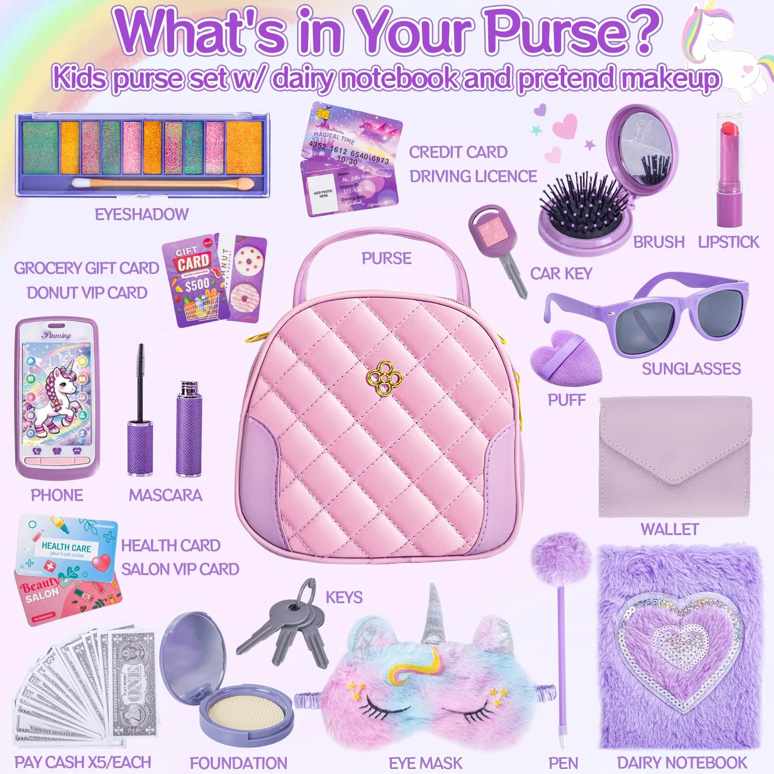 Licorne Sac à Main Jouet pour Fille 3+ Ans avec Accessoires Maquillage
