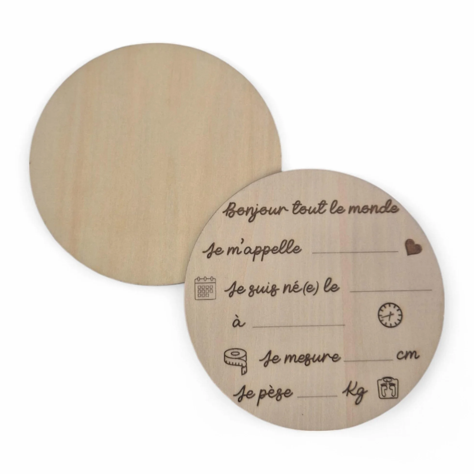 Plaque de Naissance Ronde en Bois 12 cm Bonjour tout le monde Style Français
