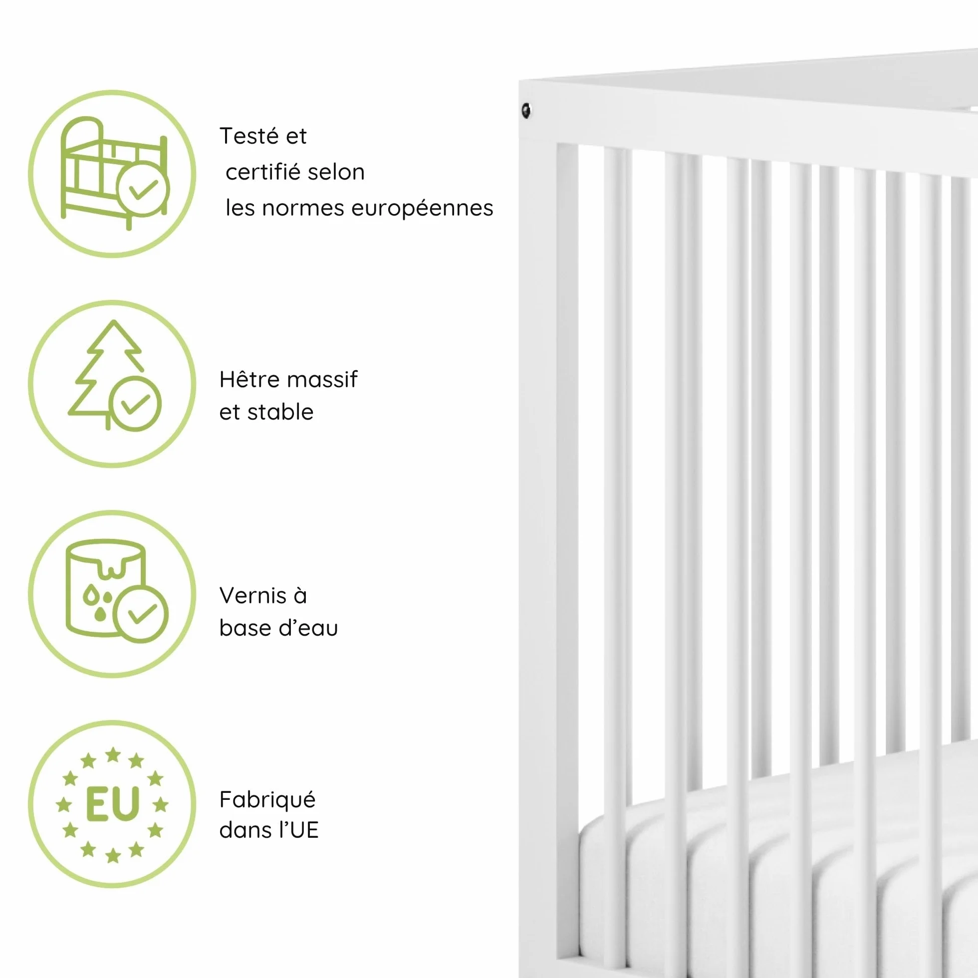 Kids Collective Lit bébé évolutif 60x120 70x140 cm Matelas Sommier hêtre Massif Blanc