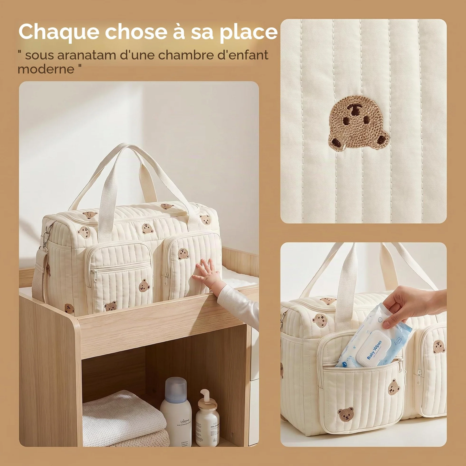 Sac à Langer Bebe Bandoulière 48x26x22cm, Sac de Maternité Multi Poches, Sac de Voyage Femme avec Ceinture Ajustable