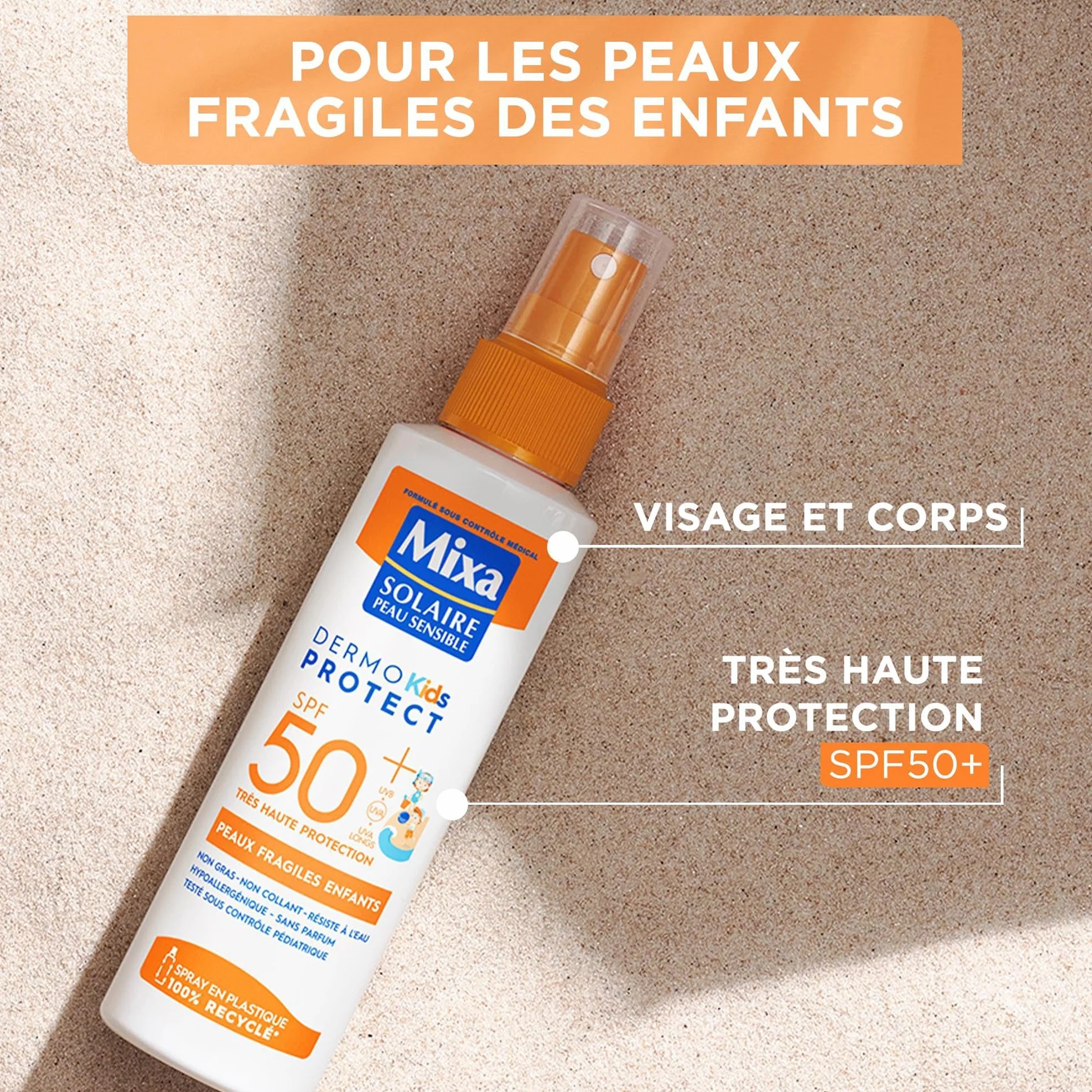 Mixa Solaire Spray Très Haute Protection SPF50+ UVA UVB Peaux Fragiles Enfants Résistant à l'Eau Anti-sable Hypoallergénique Sans Parfum 150ml
