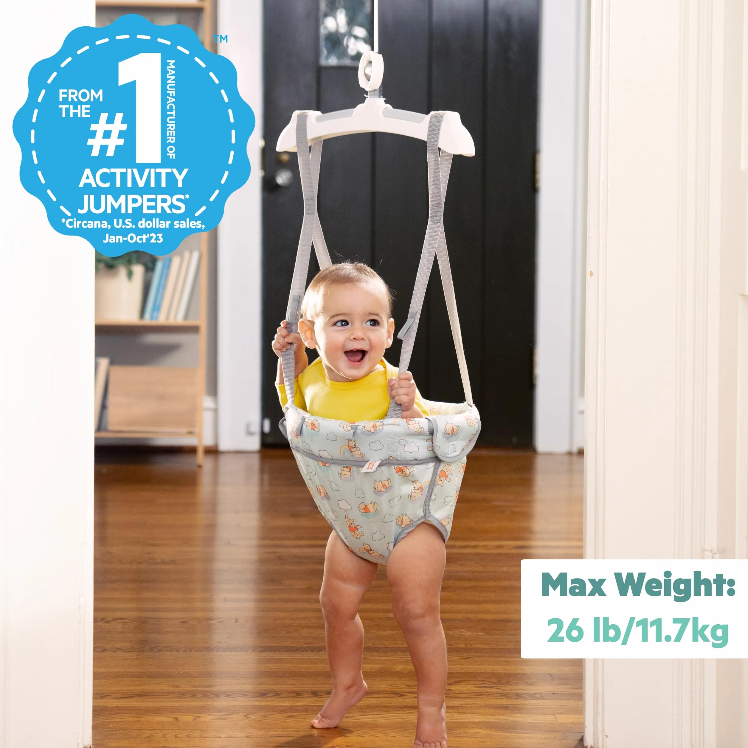 Bright Starts Sauteur de Porte Bébé Disney Winnie l'Ourson, Siège Suspendu Réglable, Hauteur Ajustable, Fixation Sans Outils, Léger & Portable, 4-12 kg