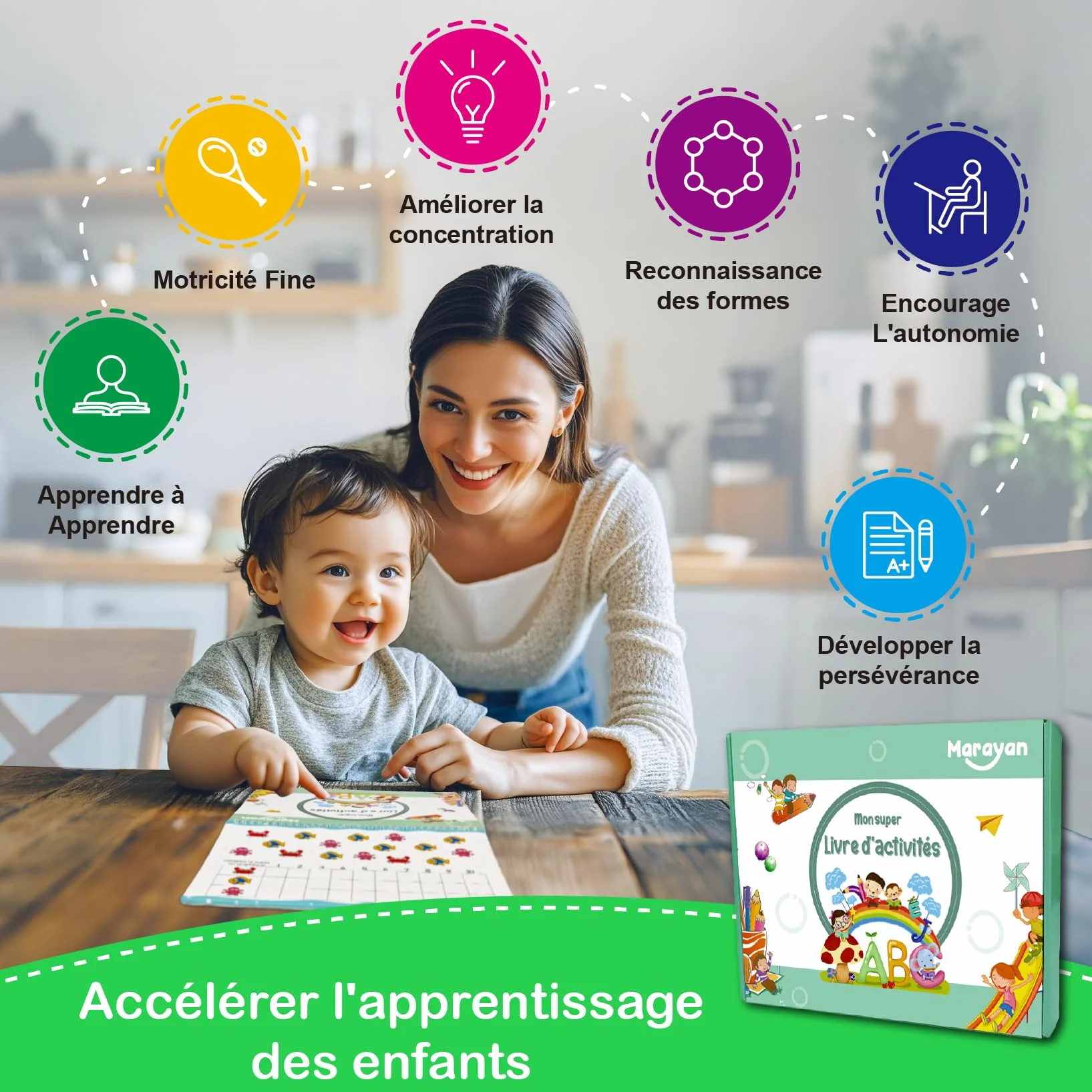 MARAYAN Quiet Book Montessori 15 Themes Educatifs en Francais Motricite Fine Alphabet Cadeau Fille Garcon