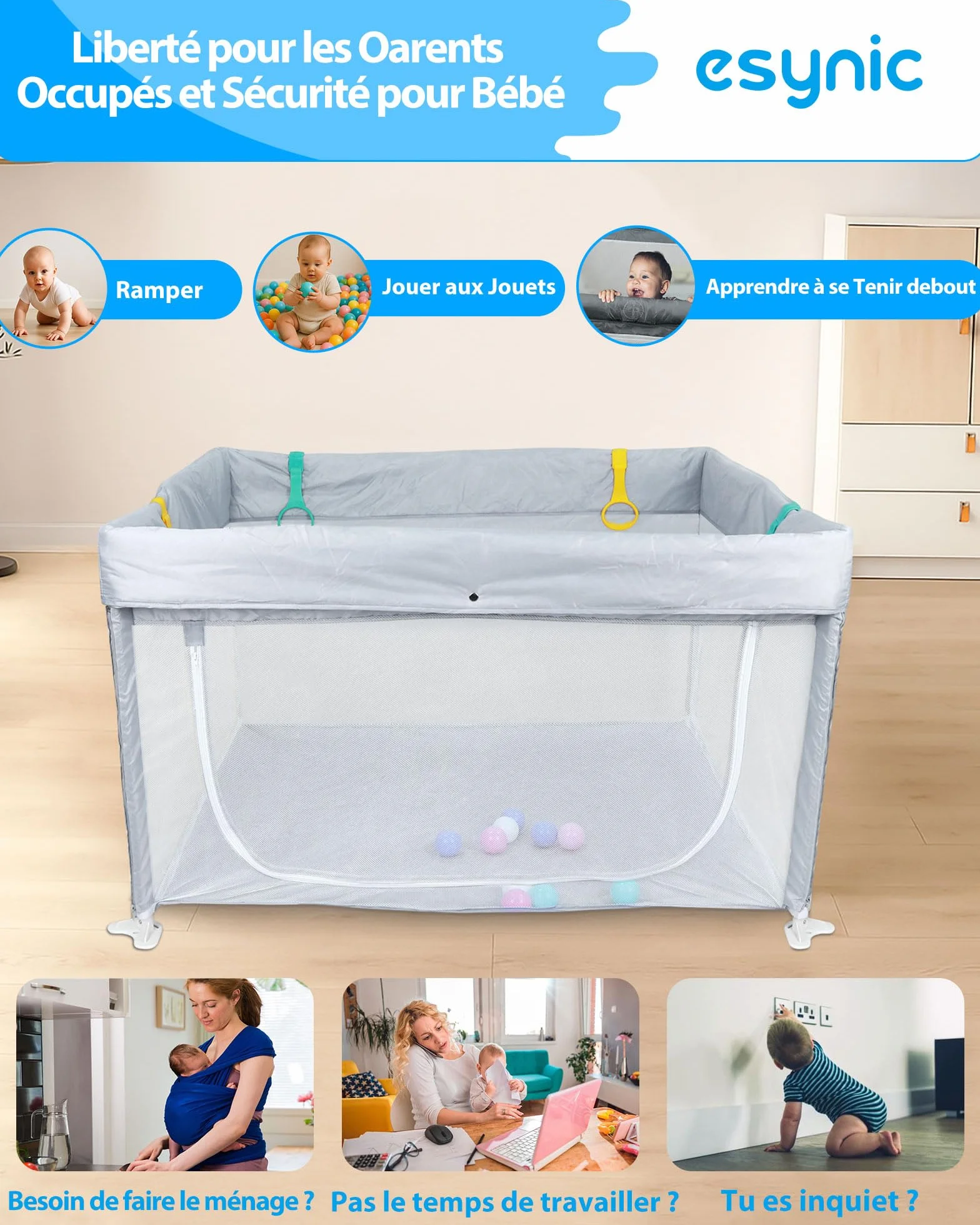 eSynic Parc Bébé Pliable 120x120cm avec 10 Boules et 4 Poignées Gris