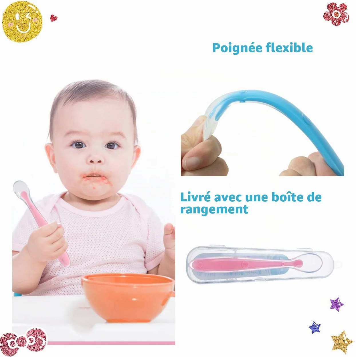 Cuillère Bébé Silicone Sans BPA 4 Pièces avec Boîte de Rangement