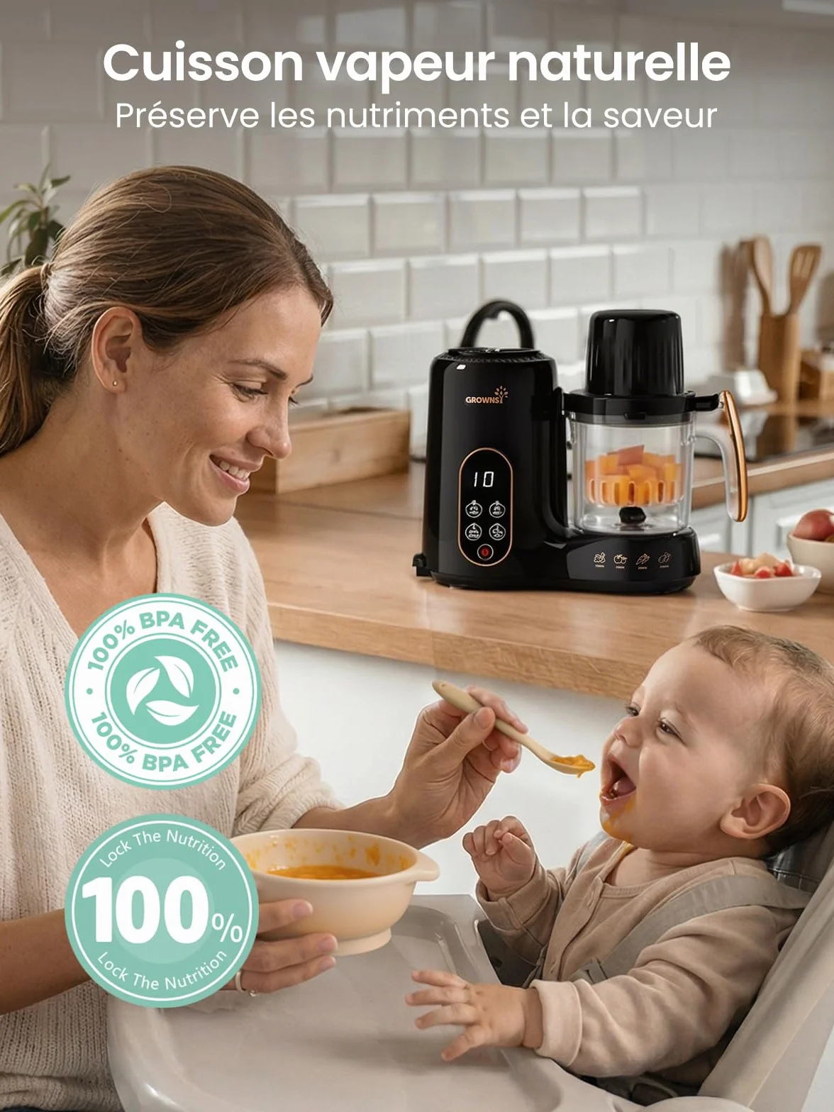 Grownsy Robot Cuiseur Bébé 6-en-1 Cuisson Vapeur Mixeur Stérilisation Réchauffage Décongélation Double Panier Vapeur Sans BPA