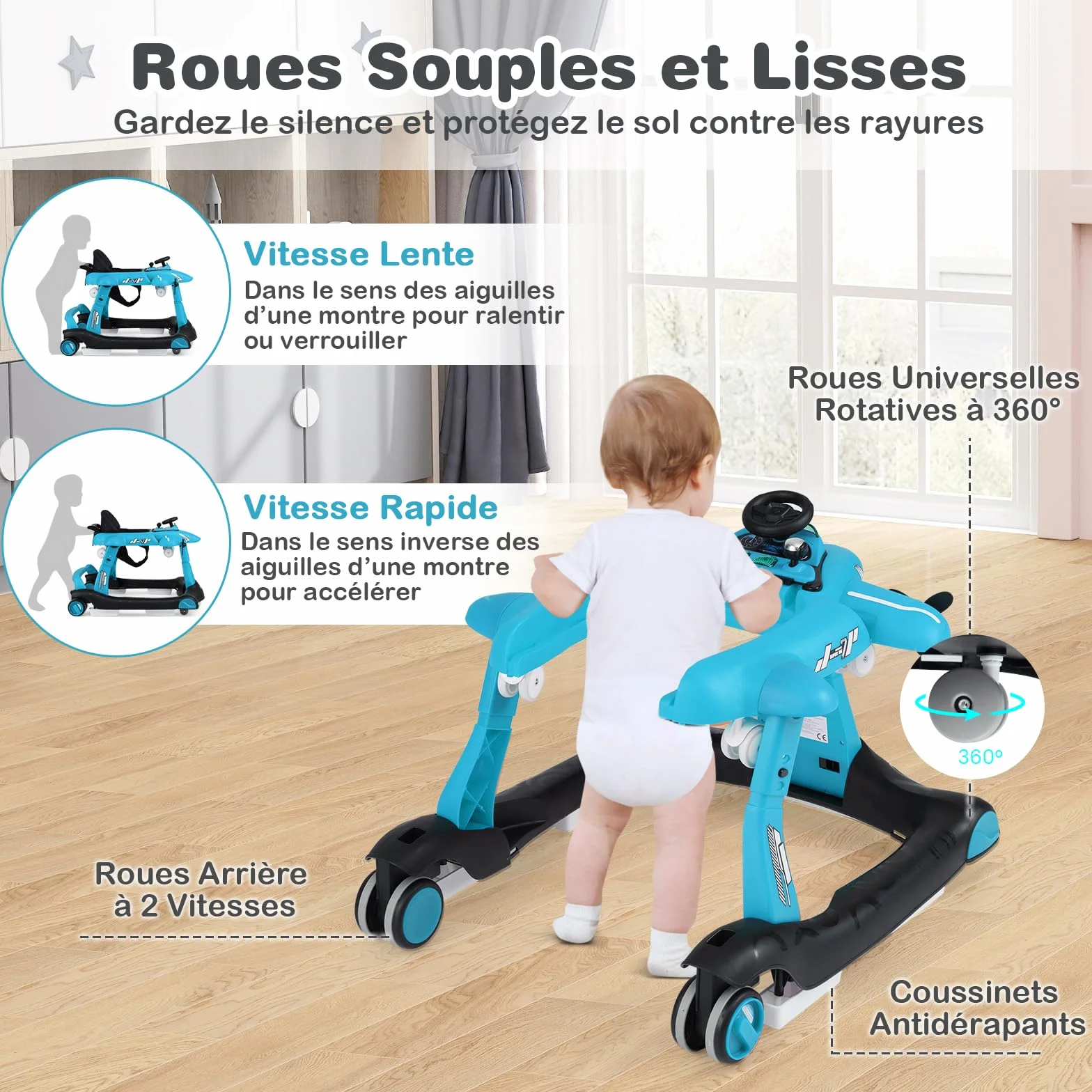 GOPLUS Trotteur Bébé Pliable 6 en 1, 3 Hauteurs Réglables, Roue Silencieuse, Charge 12KG pour 6-18 Mois