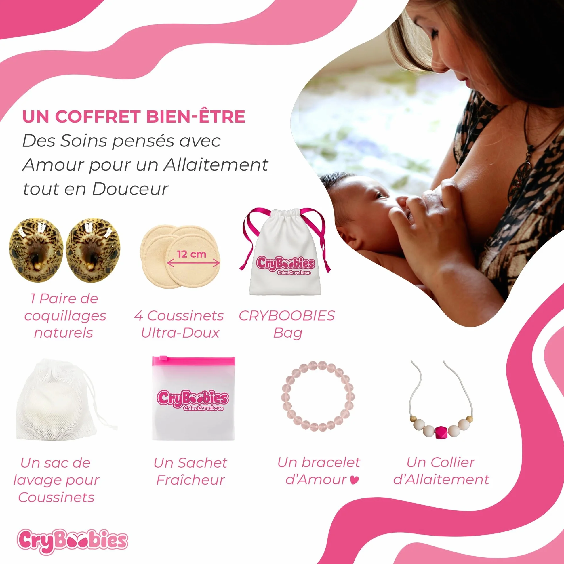 Coquillages d'allaitement + 4 Coussinets + Collier + Bracelet Quartz Rose - Cadeau fête des mères