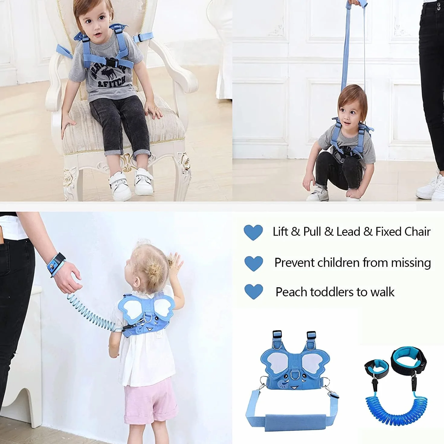 Laisse 3 en 1 pour enfant Anti-perte Harnais de course avec poignet de sécurité Motif éléphant
