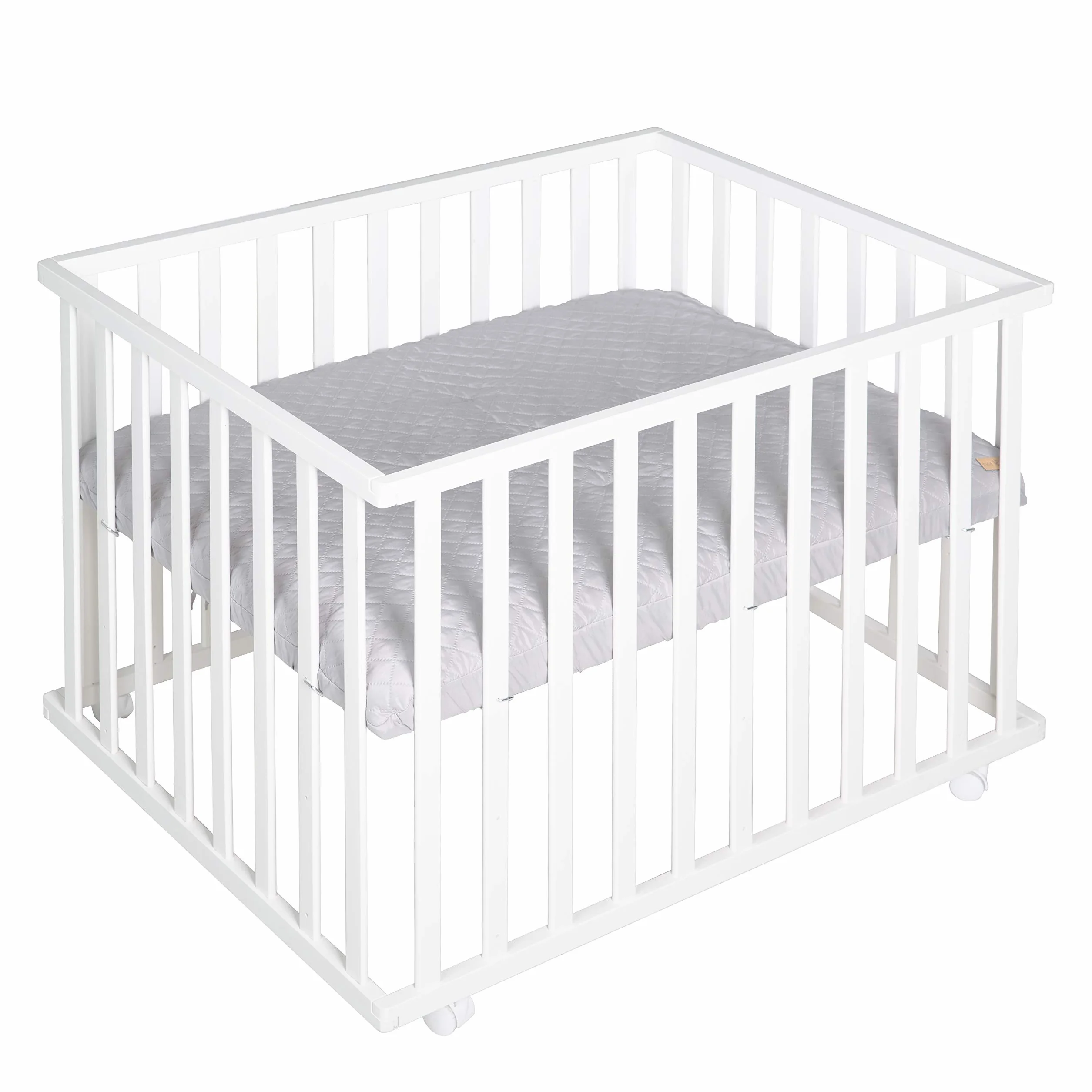roba Parc Bébé en Bois 75 x 100 cm + Tapis Gris - Base Ajustable 3 Niveaux - Roulettes Freins - Laqué Blanc