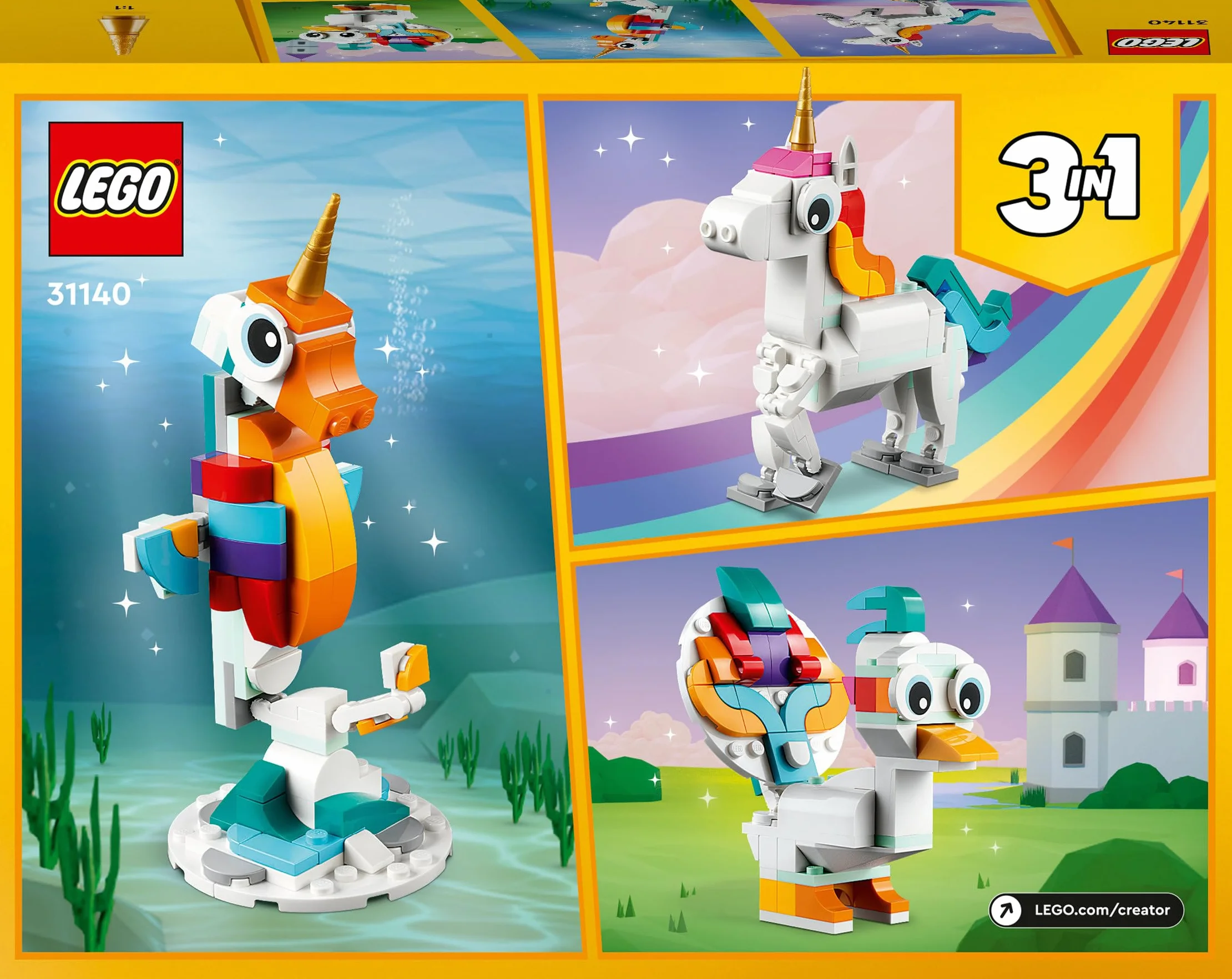 LEGO Creator 3-en-1 La Licorne Magique 31140 Jouet de Construction Figurine Animal Transformable Hippocampe Paon Cadeau 7 Ans