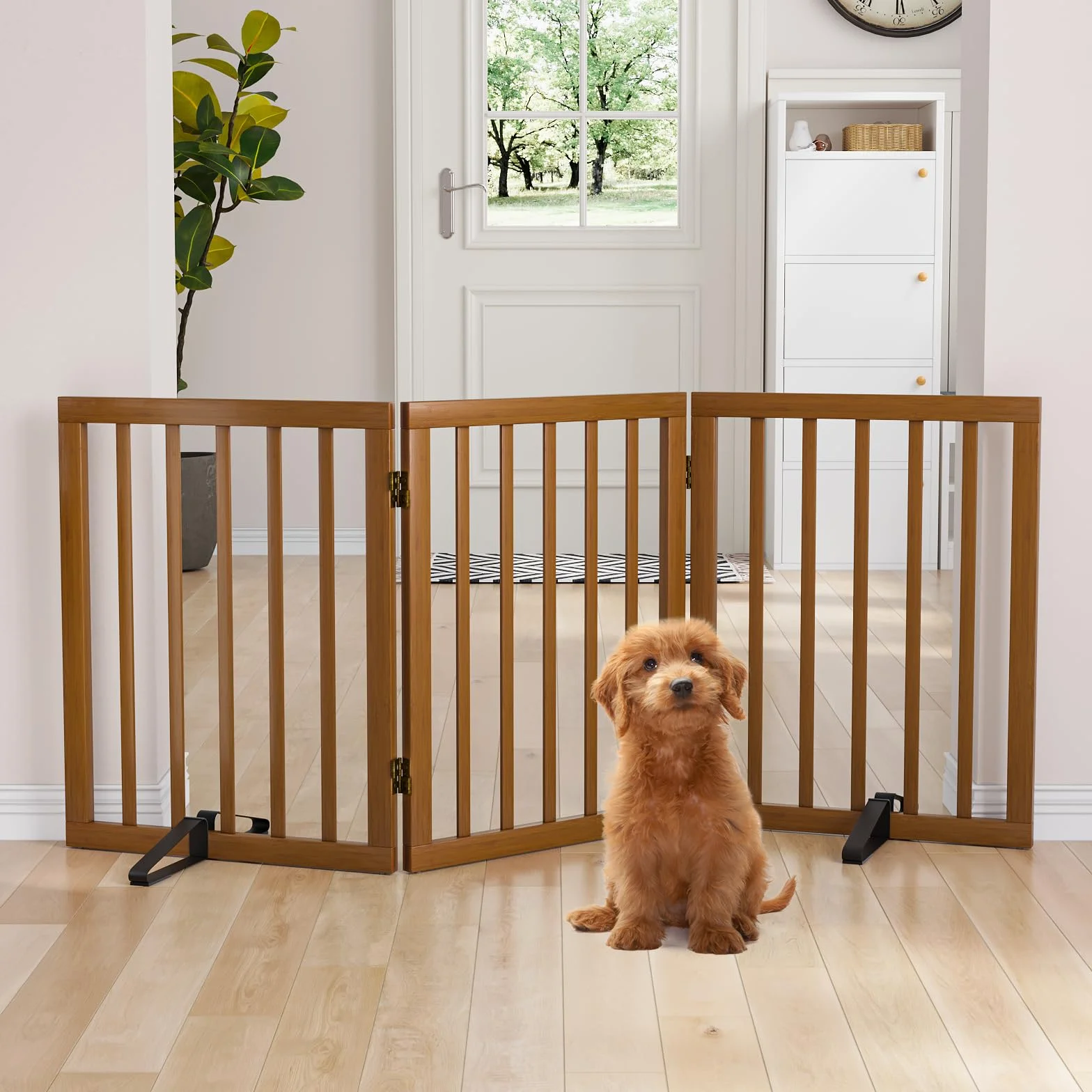 Barrière de Sécurité pour Chien 3 Panneaux sans Perçage 61cm x 140cm avec Supports Métalliques Noyer