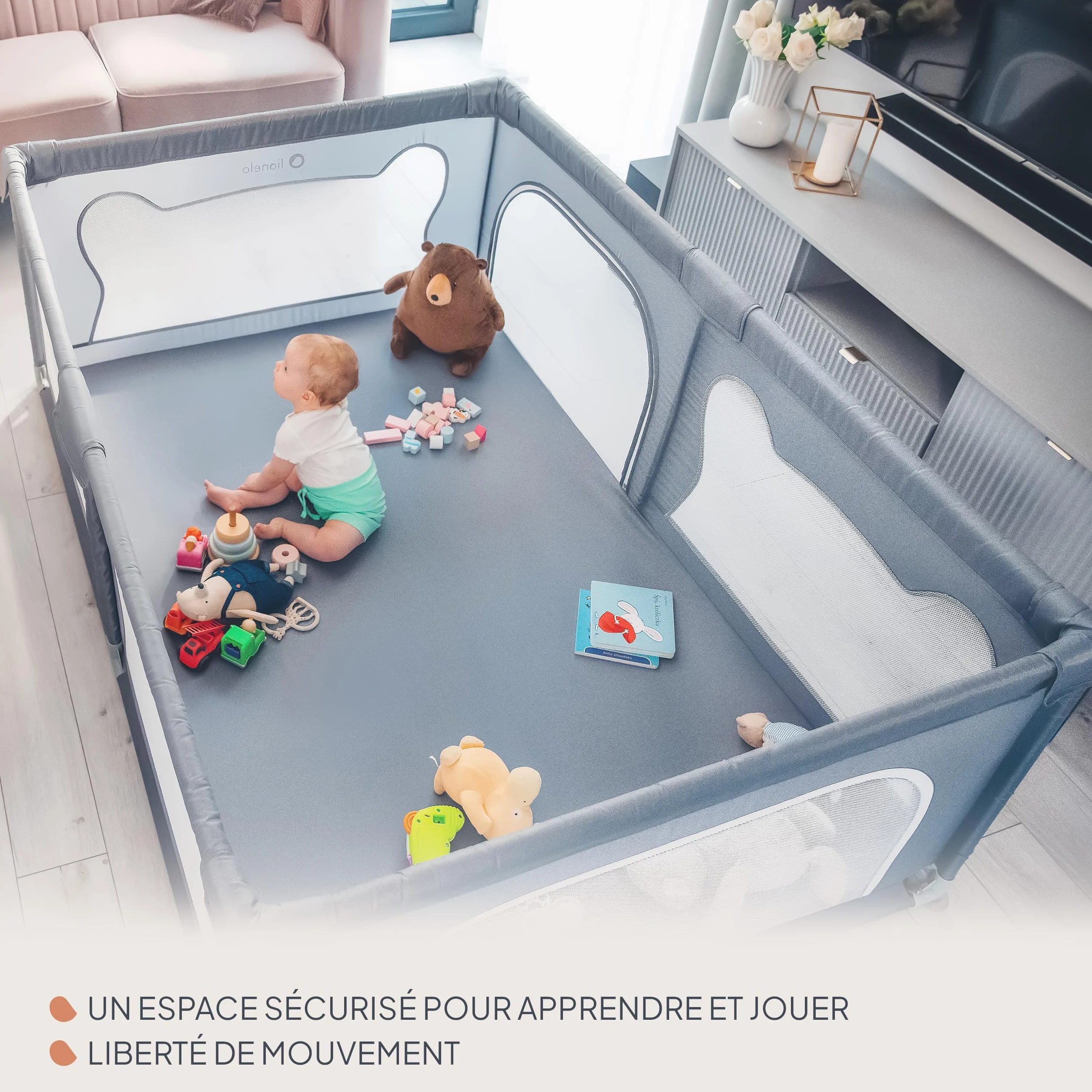 LIONELO WILLOW Parc pliant pour bébé 120x180x68 cm filet respirant 2 entrées zippées Gris