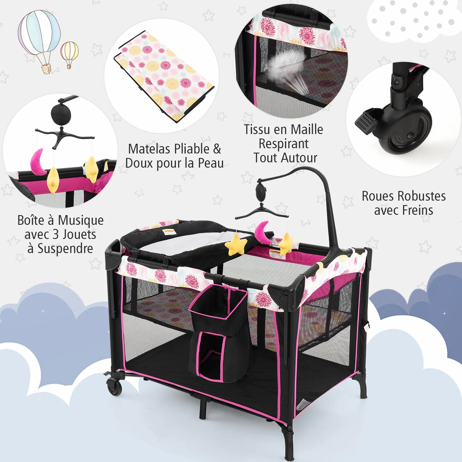 DREAMADE Lit Parapluie Bébé 4 en 1 107x72x119 cm Cododo avec Table à Lange & Matelas Noir+Rose