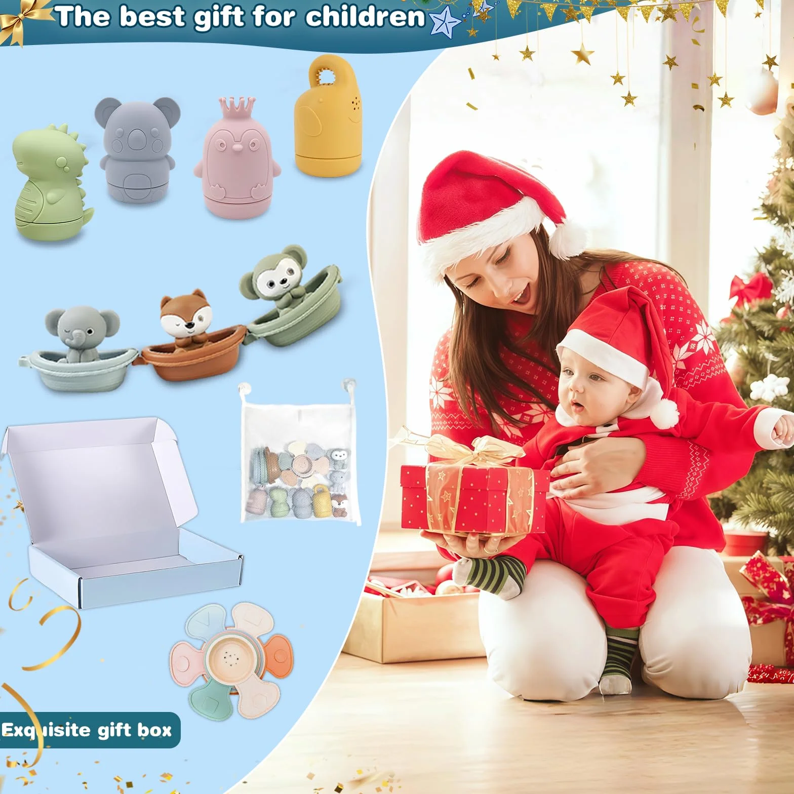 Jouets de Bain Bébé Silicone Lot de 16 Animaux Aspergeurs Empilables 1 2 3 Ans