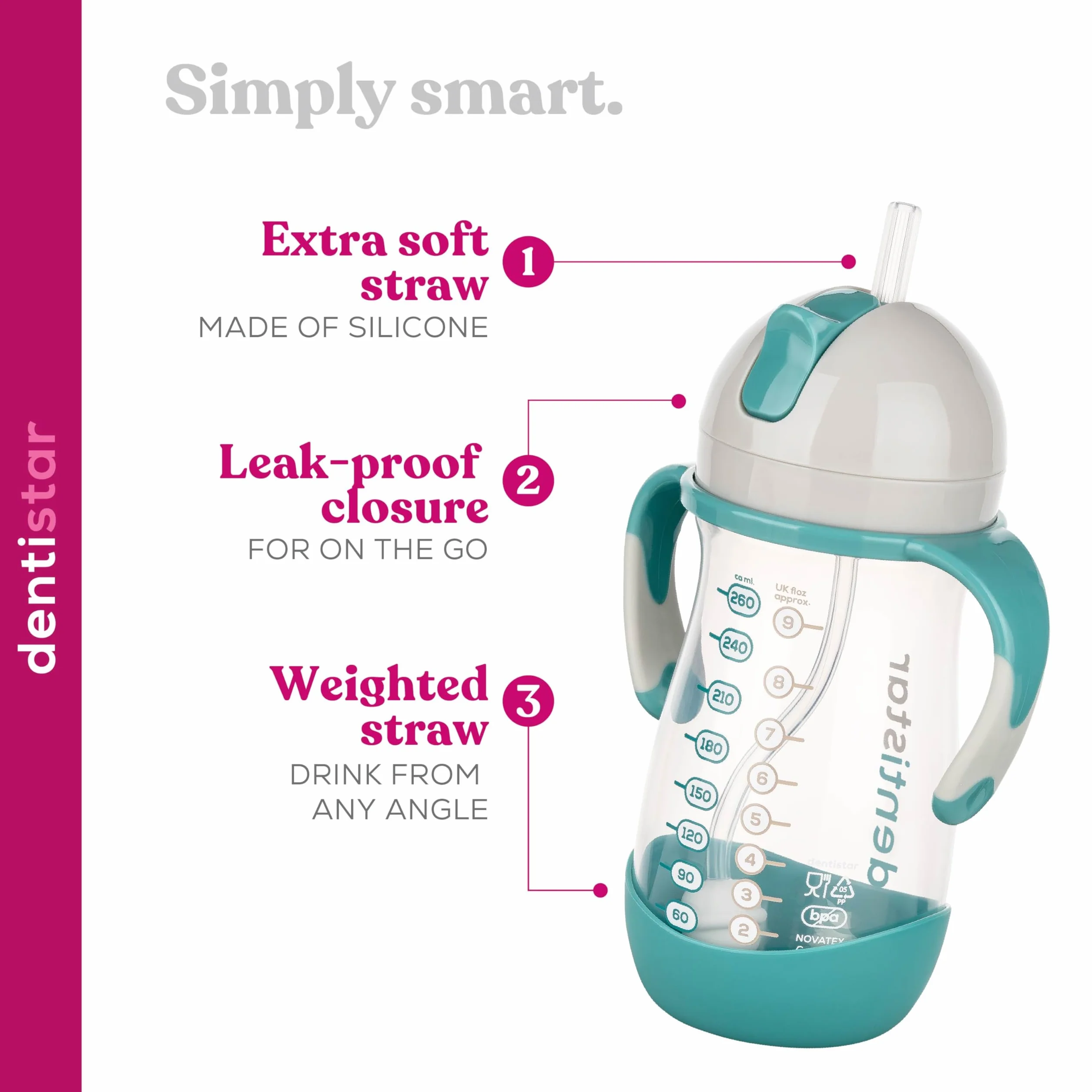 Dentistar Gourde bébé 260 ml avec paille sans BPA – Bouteille hermétique poignée antidérapante Menthe