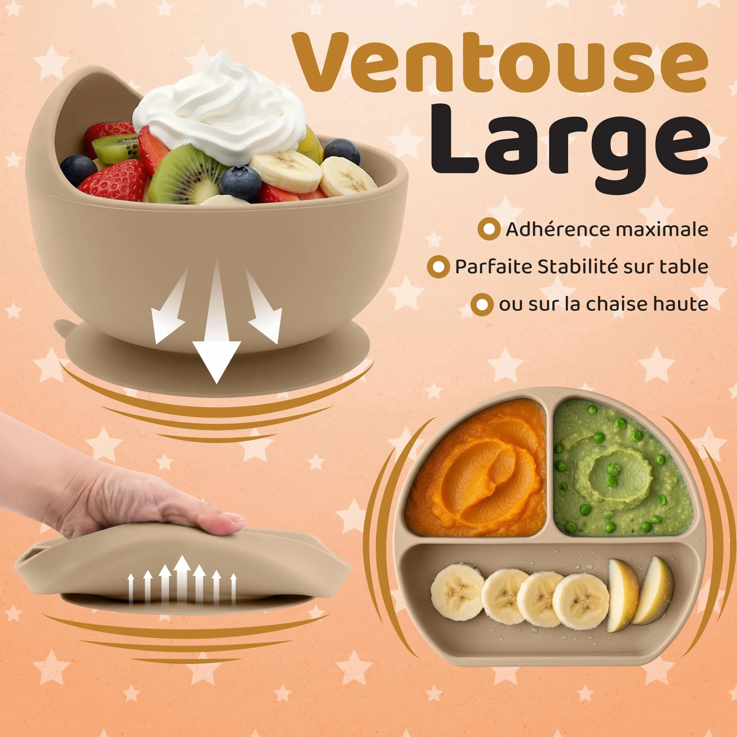 Coffret Repas Bébé Silicone Set Vaisselle 1er Âge Assiette Ventouse Cuillère Bavoir Tasse Sans BPA DME Bébé Beige