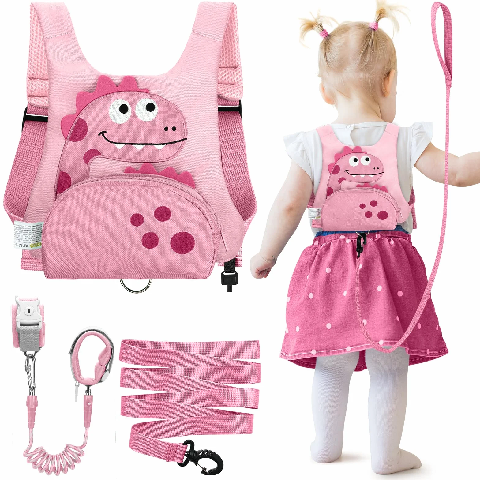 Dr.meter Laisse Enfant 3 en 1 Sac à Dos Anti-Perte Rotative 360° 1,2M Rose Dinosaure Sécurité Extérieur