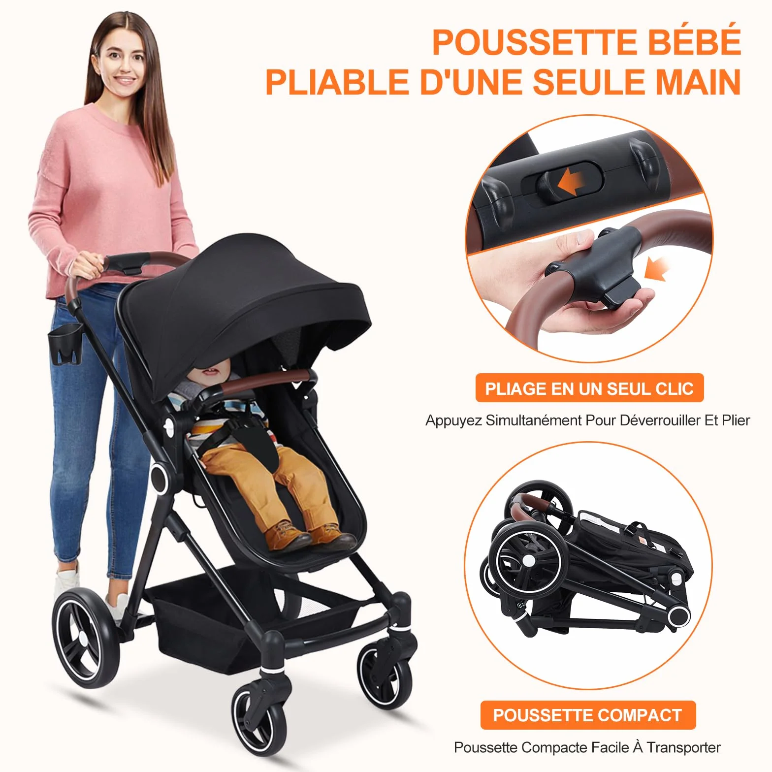 Garvee Poussette Compacte 2 en 1 Système de Voyage Pliable en Un Clic, Cadre en Aluminium pour 0-36 Mois