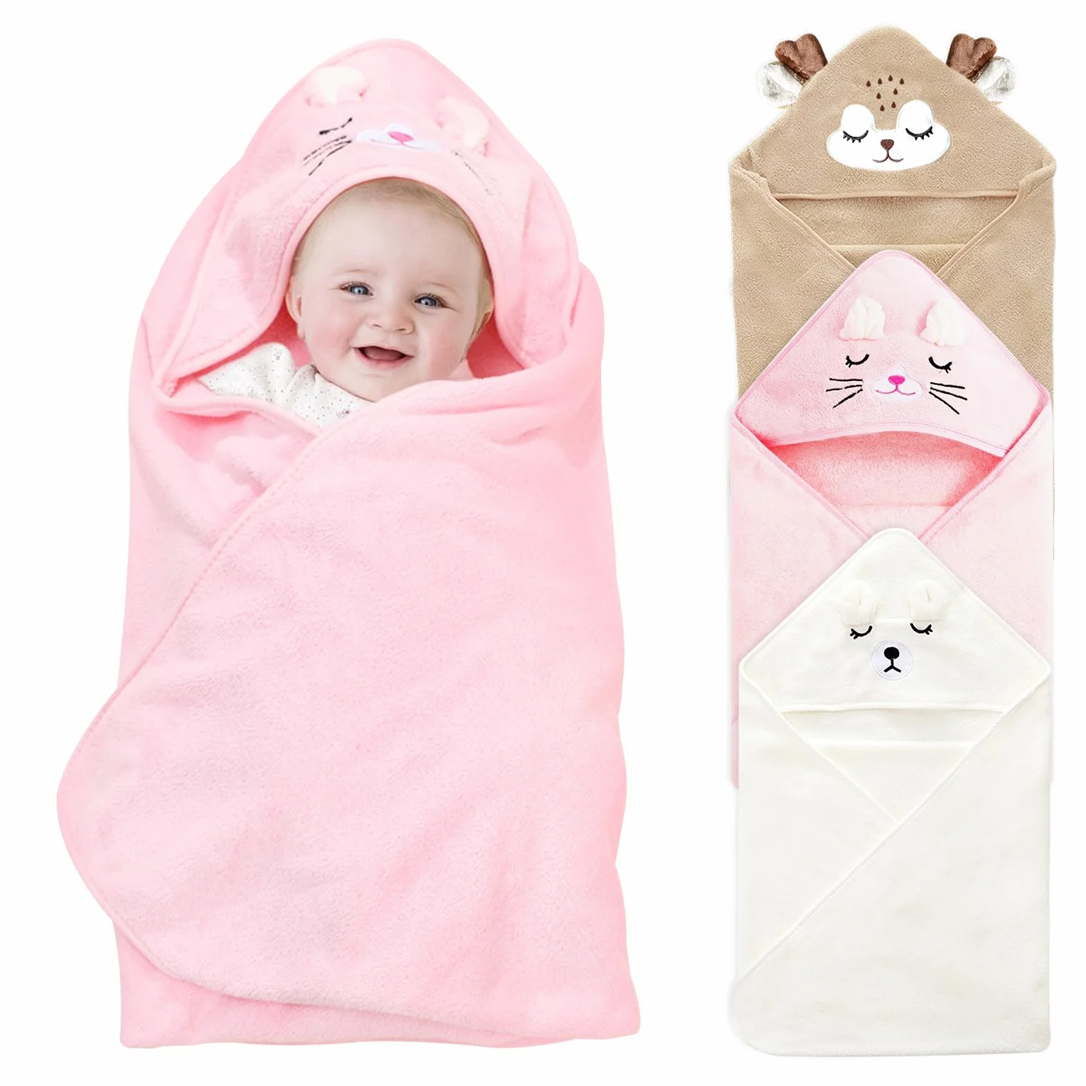 Serviette de Bain à Capuche Bébé Polaire Corail 80x80 cm Absorbante Lot 3 Chat Rose Cerf Café