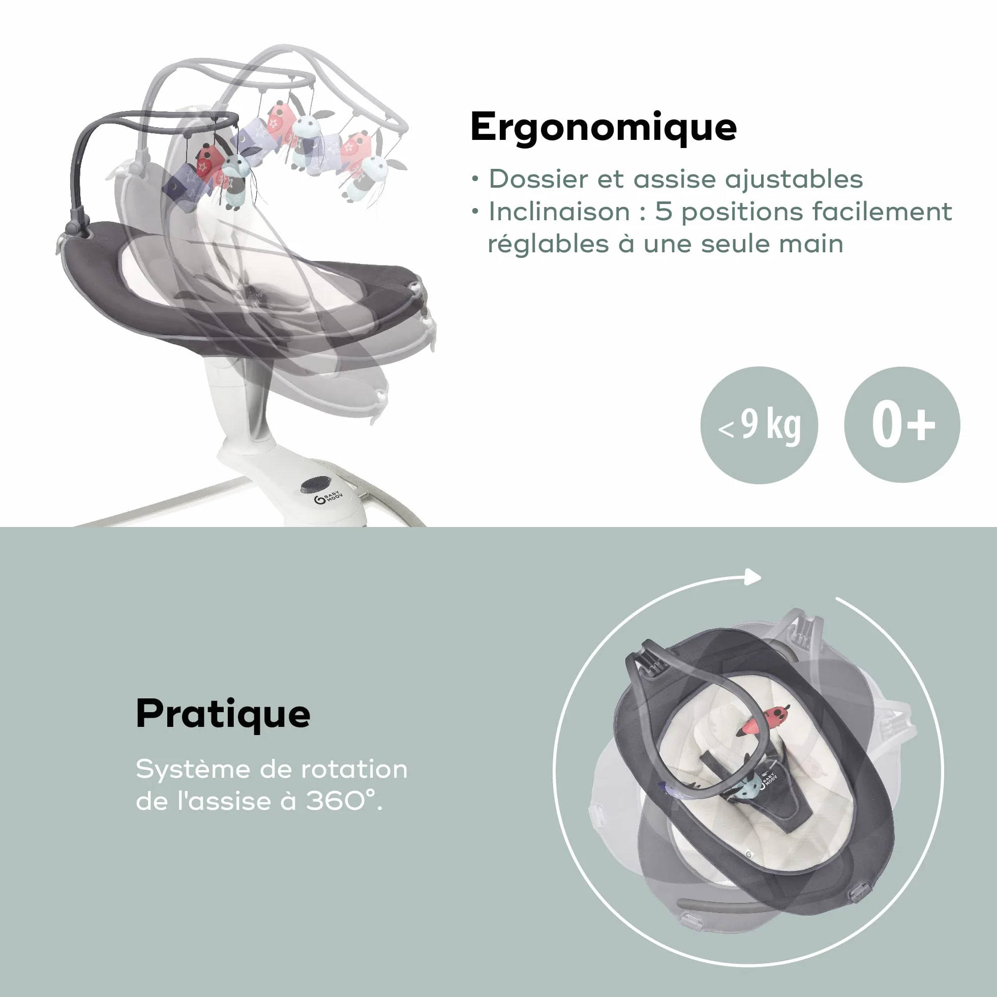 Babymoov Swoon Motion Zinc Balancelle électrique bébé 360° rotative 5 vitesses balancement réducteur nouveau-né arche jeux 8 berceuses