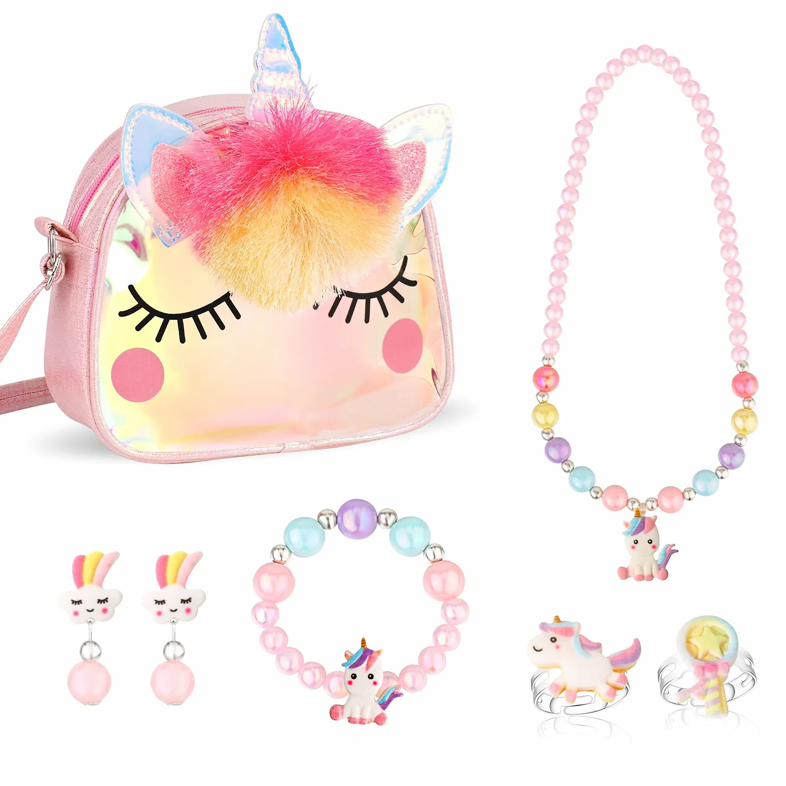 Hifot Licorne Sac à Main Bijoux Enfants Fille, Unicorn Collier Bracelet Boucle d'Oreille Bagues Kit Cadeau Anniversaire