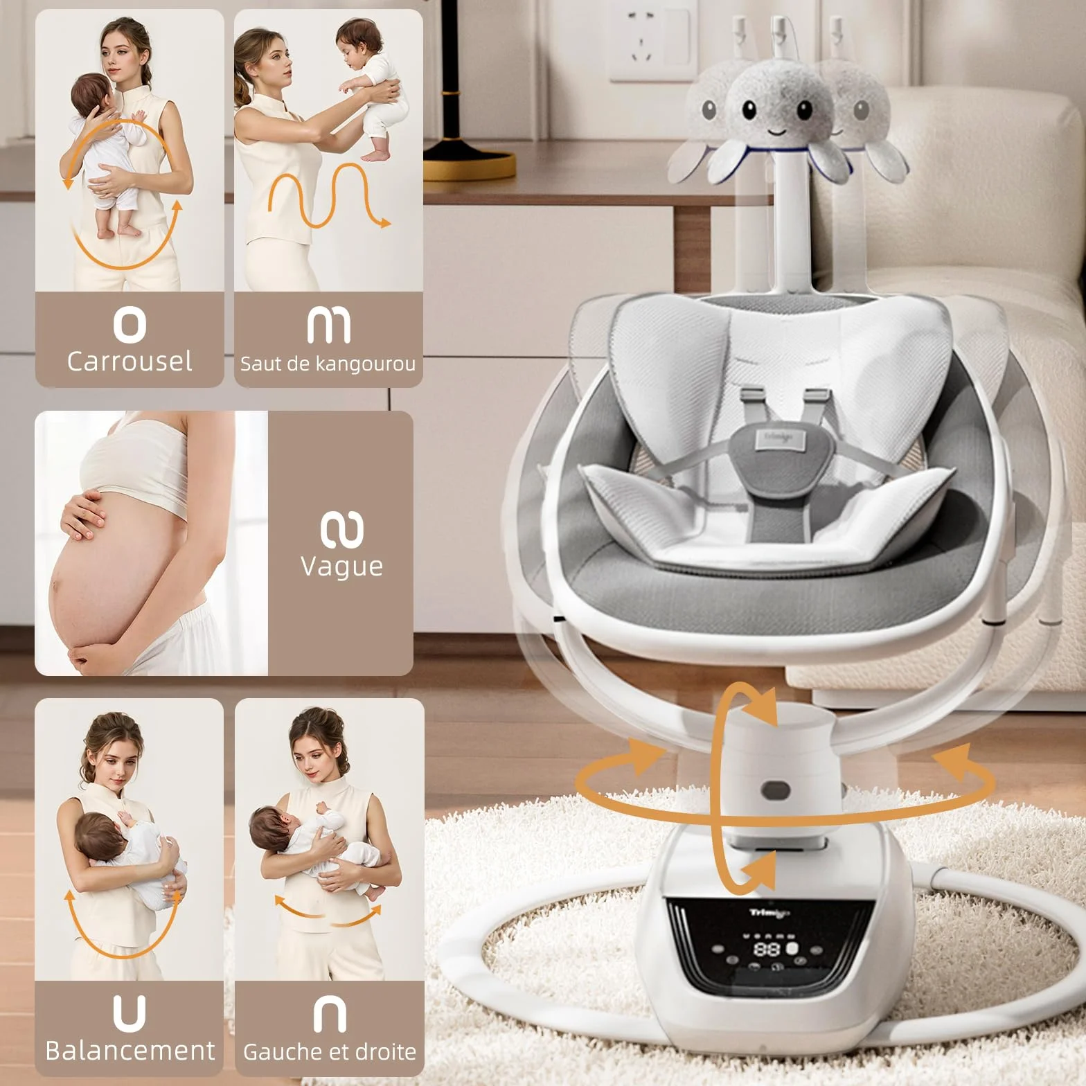Balançoire bébé électrique réglable inclinaison rotation 180° 5 modes balancement musique télécommande jusqu'à 18 kg Gris
