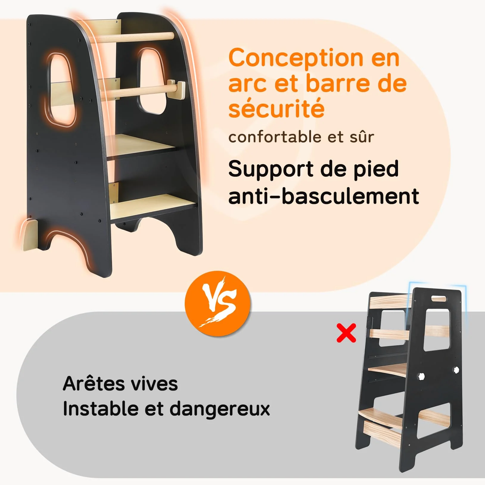 Tour d'apprentissage Montessori pour Enfants en Bois Noir 3 Hauteurs Réglables