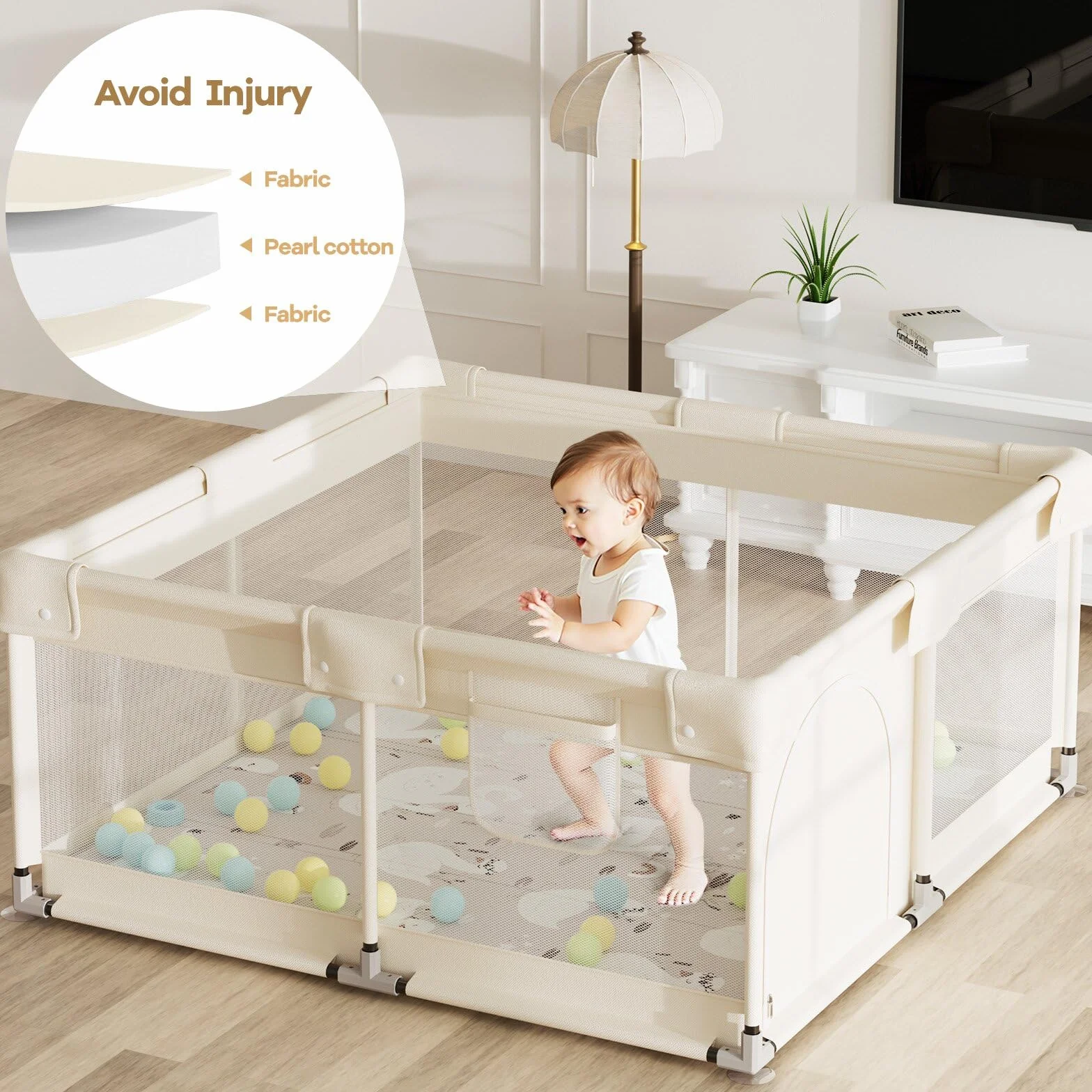 Parc Bébé Beige 120x120cm avec Tapis et Toile Oxford Durable, 2 Poignées Incluses