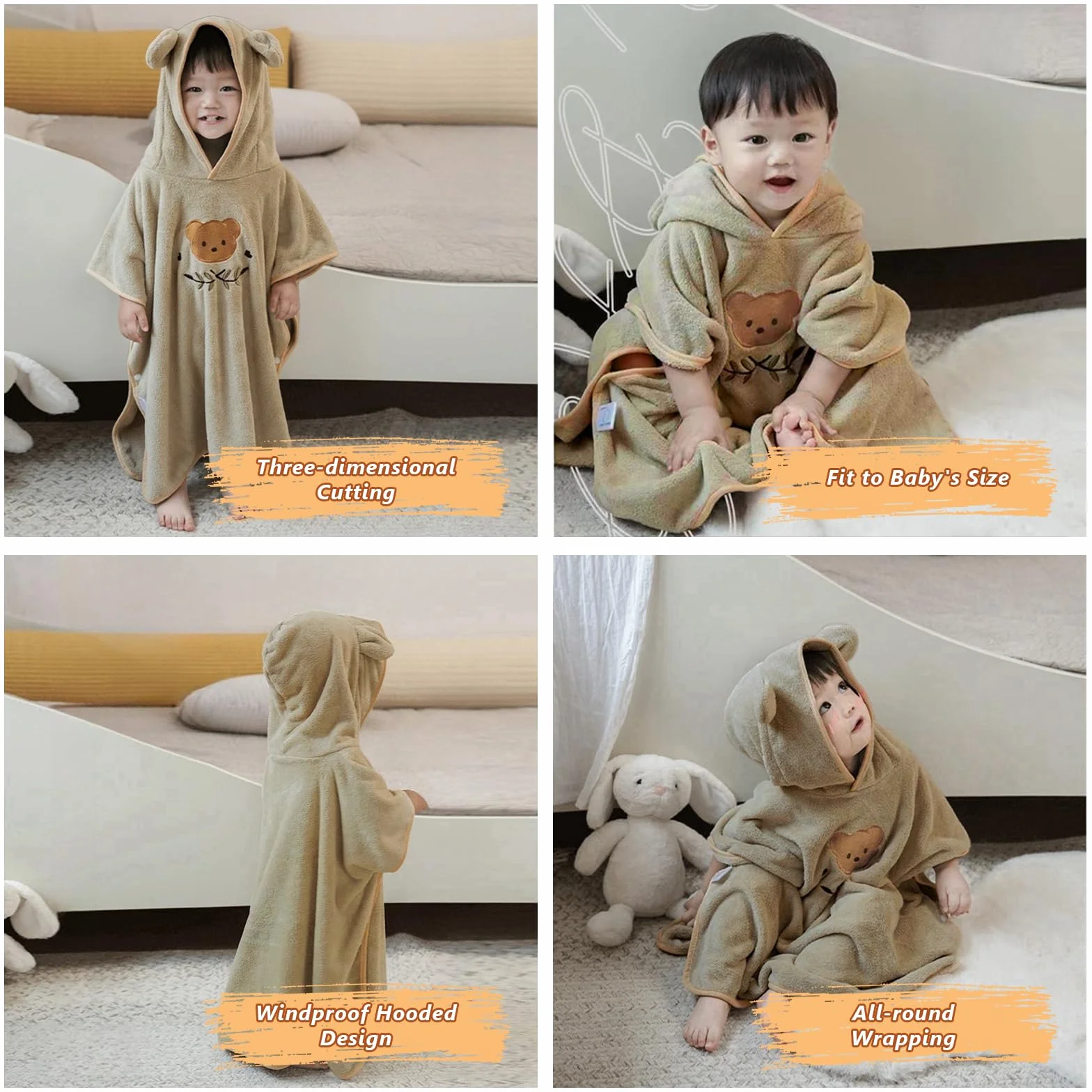 Serviette de Bain avec Capuche Bébé Poncho Super Absorbante 0-3 Ans