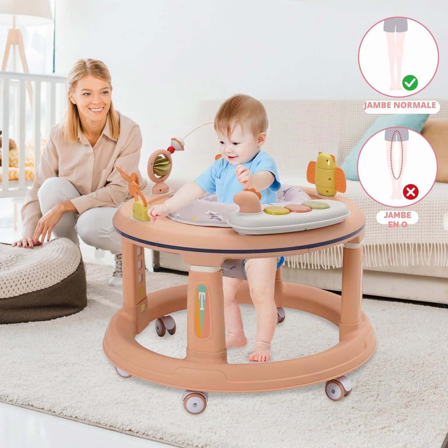 Bébé Trotteur 3 en 1 Marcheur Table d'étude Sauteur Réglage Hauteur 5 Niveaux Anti-O-Legs Roues Silencieuses 360° Rose