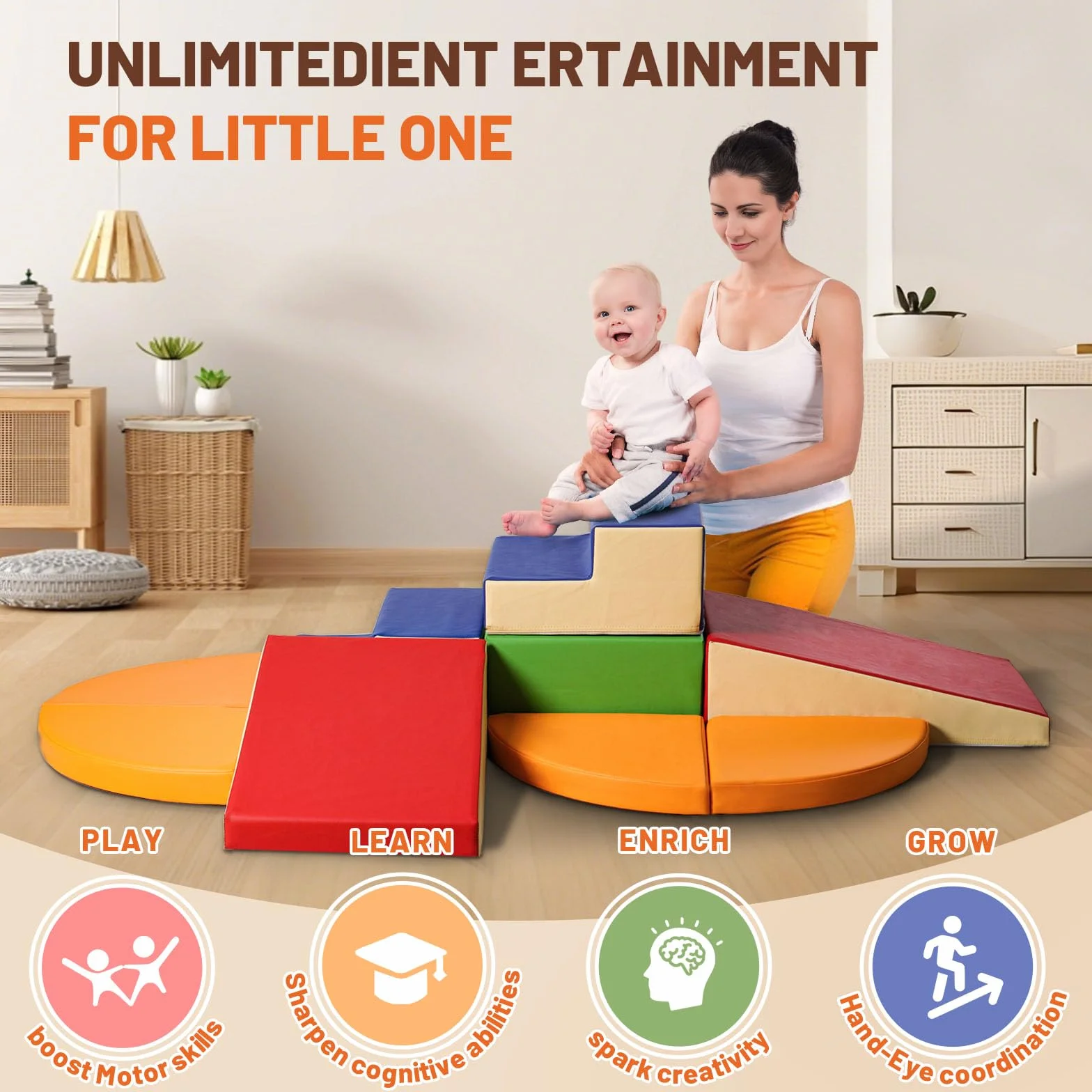 Parcours Motricité Bébé 9 Pièces: Module Motricité Enfant Cuir PU Blocs Mousse Éducatifs Jouets d'Escalade Structure Antidérapante Ensemble d'Échelle Double