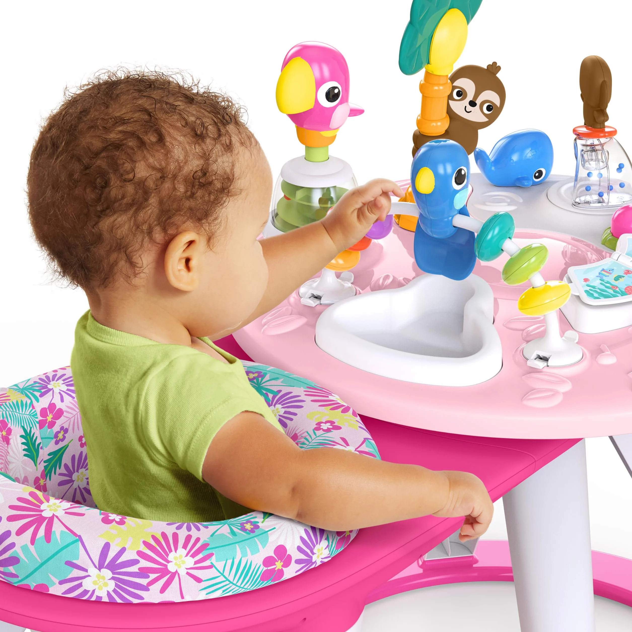 Bright Starts Table et Siège Tournant Centre d'Activités 2 en 1 Around We Go avec Sons et Lumières 10 Jouets Trotteur Musical Rose 6 Mois+