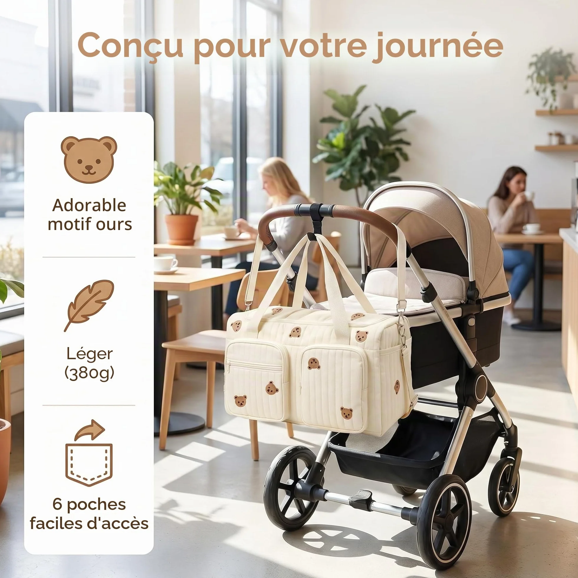 Sac à Langer Bebe Bandoulière 48x26x22cm, Sac de Maternité Multi Poches, Sac de Voyage Femme avec Ceinture Ajustable