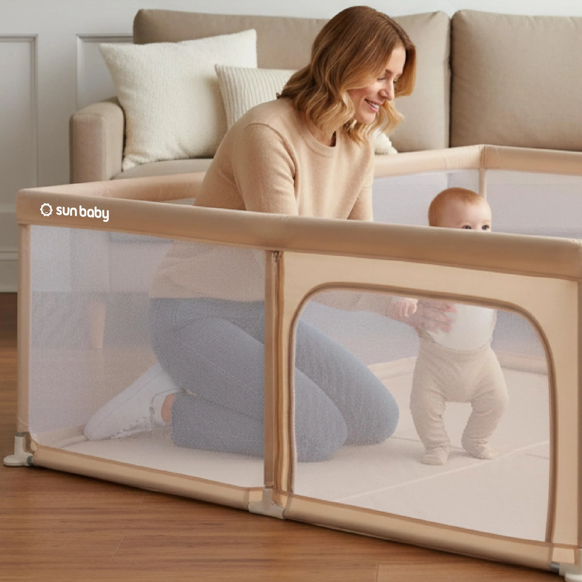 Sun Baby Parc Enfant 150x200 cm Beige Polyester Filet Zippé Antidérapants Sac Transport Métal