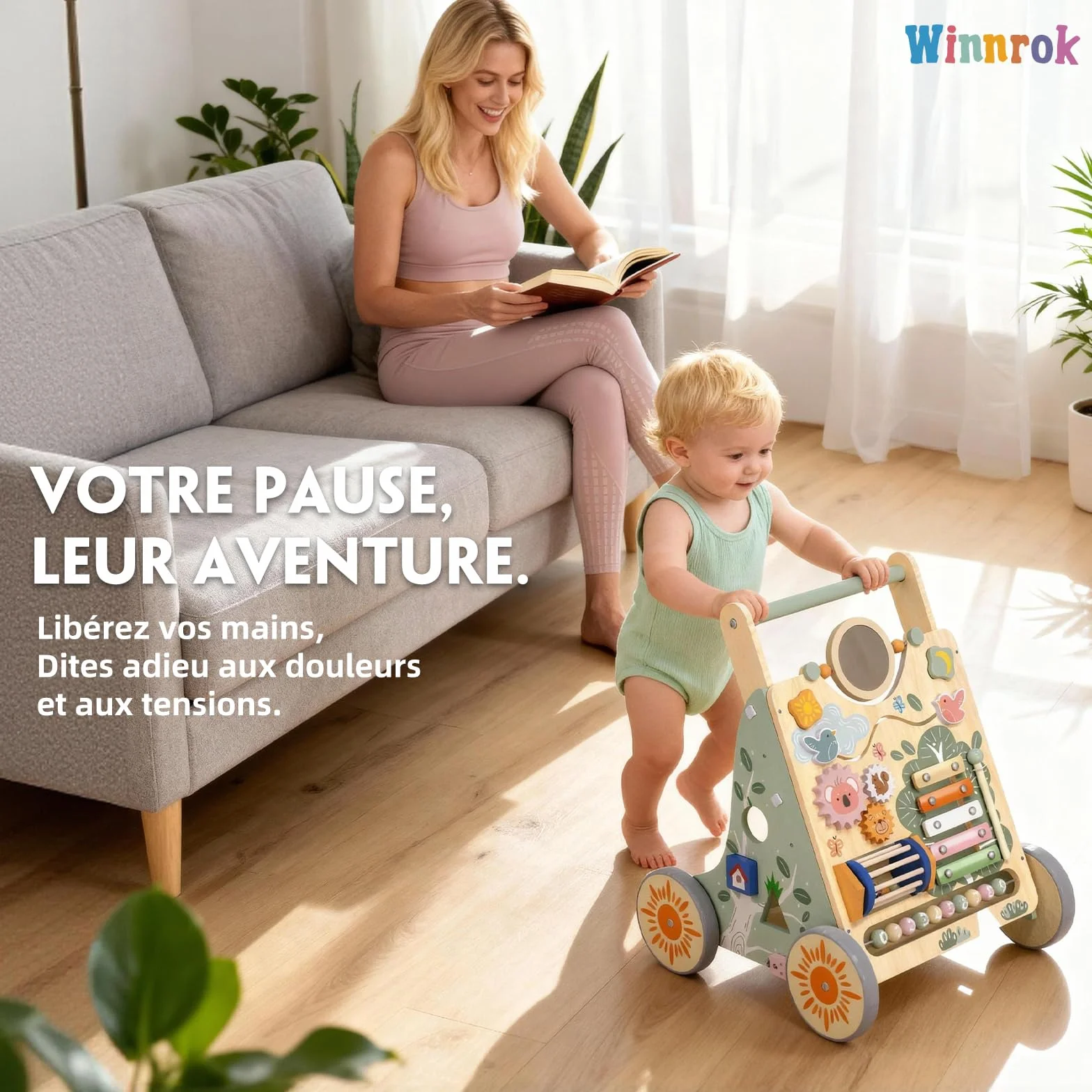 Chariot de Marche en Bois Montessori pour Bébé, Centre d'Activités, Trotteur Réglable 6-24 Mois