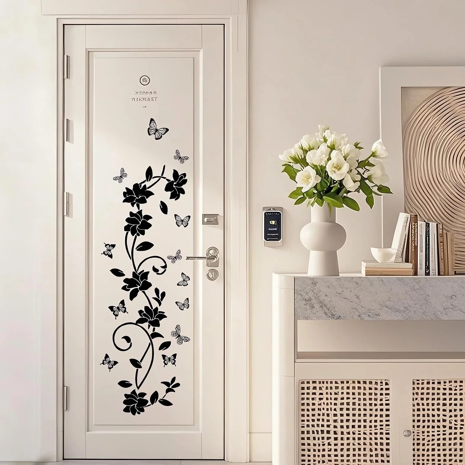 Autocollant Muraux Noir Design Moderne Fleurs Vigne Papillons PVC 30x90cm Decoration Miroir Fenêtre Salon