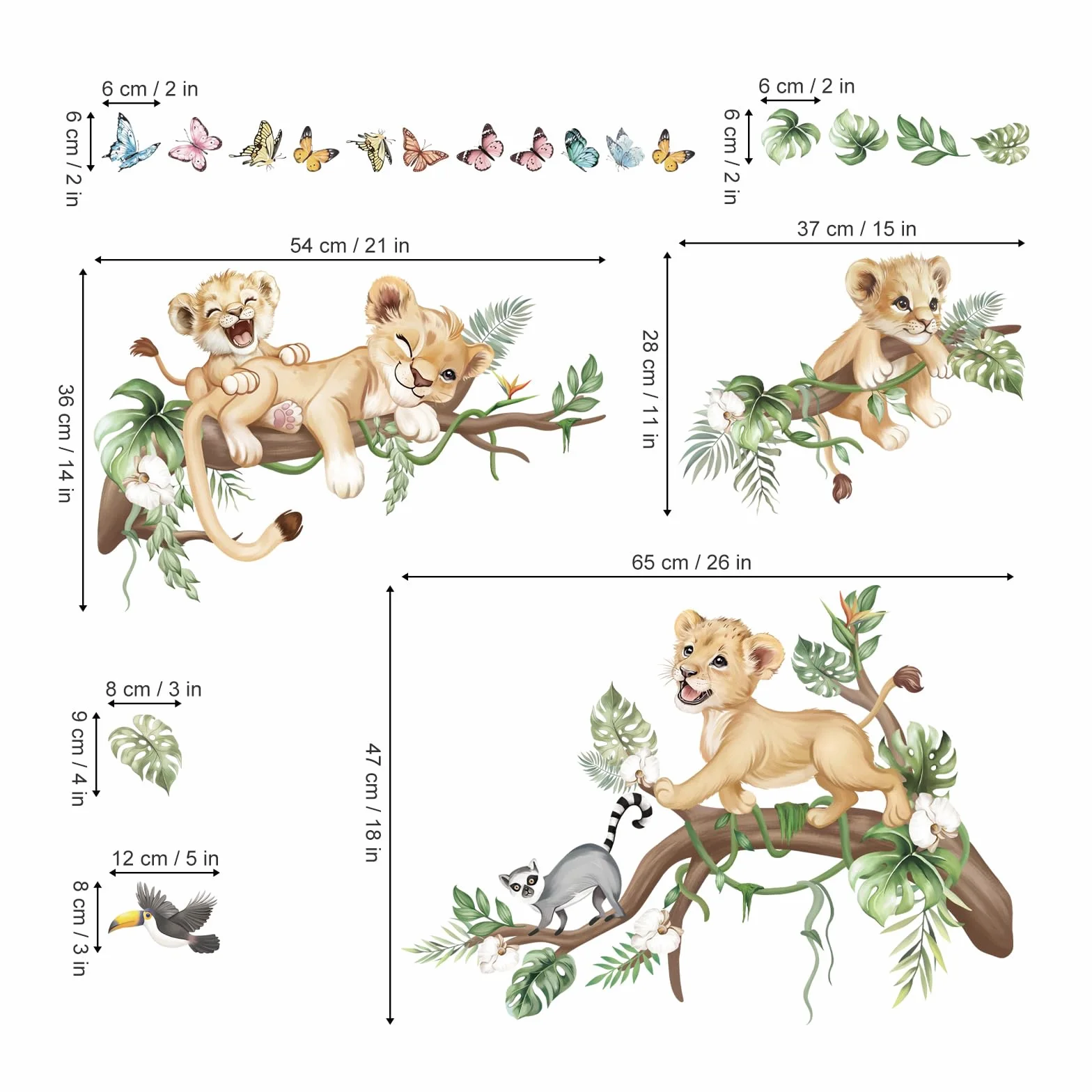 Wondever Autocollants Muraux Lion Animaux de la Jungle Safari Branche Arbre pour Chambre Enfants