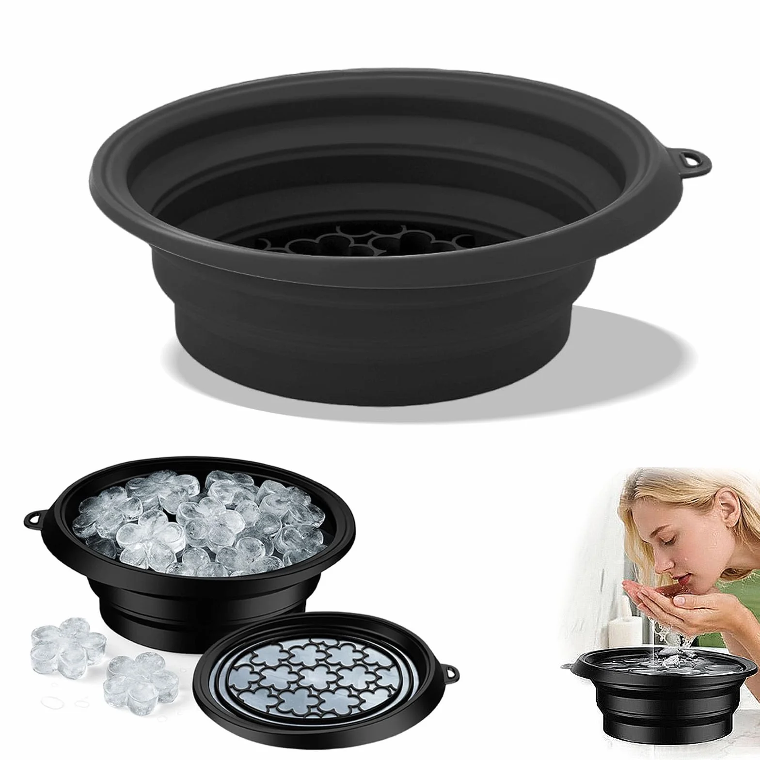 Bassine Pliable Silicone Bac à Glaçons Intégré Bol de Bain Glacé Visage 29,5 x 23 x 10 cm Noir