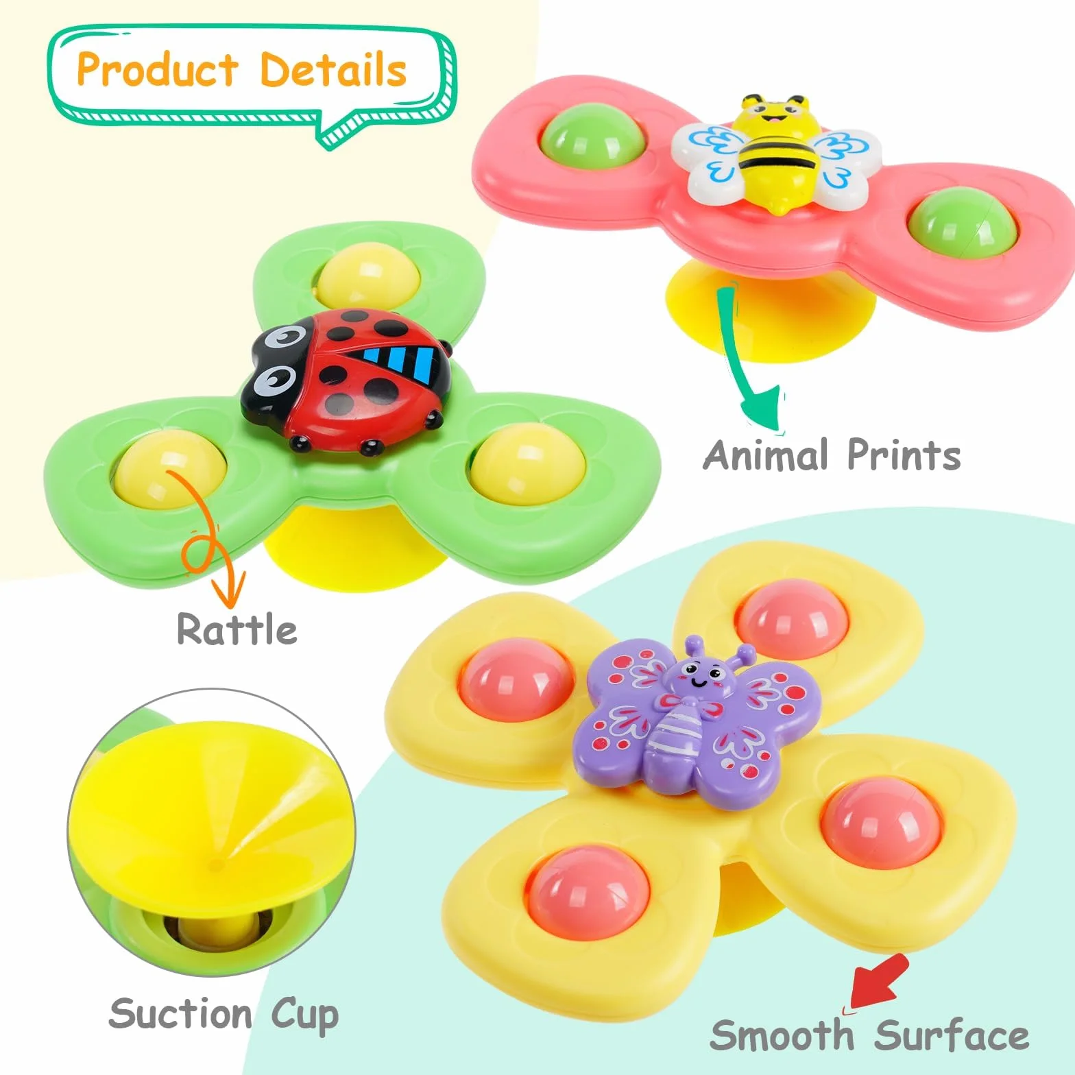 Ainiv Jouets de Bain Bébé Coccinelle Abeille Papillon Animaux Mignons 6PCS Ventouses Rotatives Spinner Cadeau