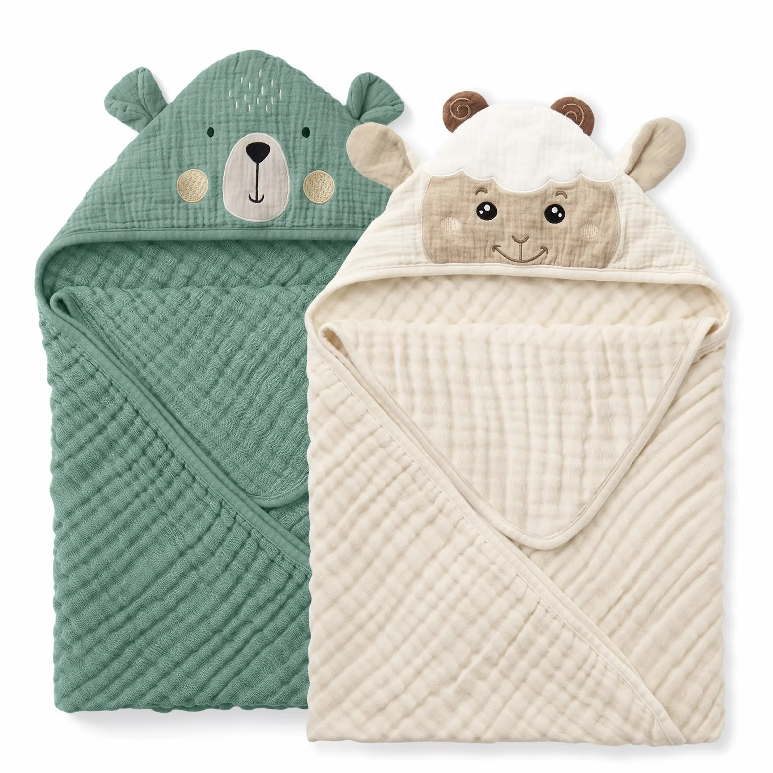 Blissful Diary Lot de 2 Cape de Bain Bébé en Muslin, Serviette de Bain à Capuche, Ours & Agneau