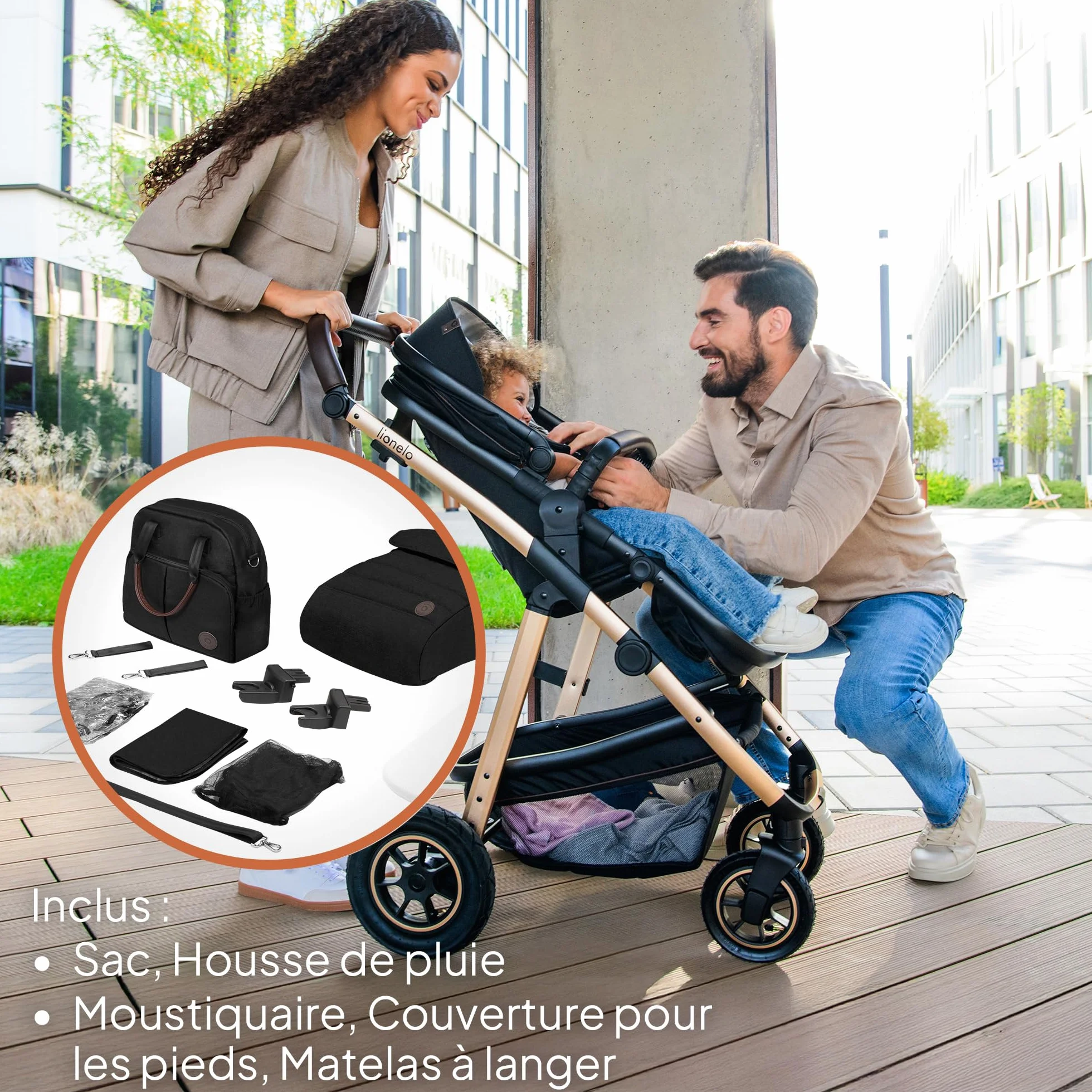 LIONELO Amber 3 in 1 poussette multifonctionnelle avec siège sport, nacelle, sac et accessoires
